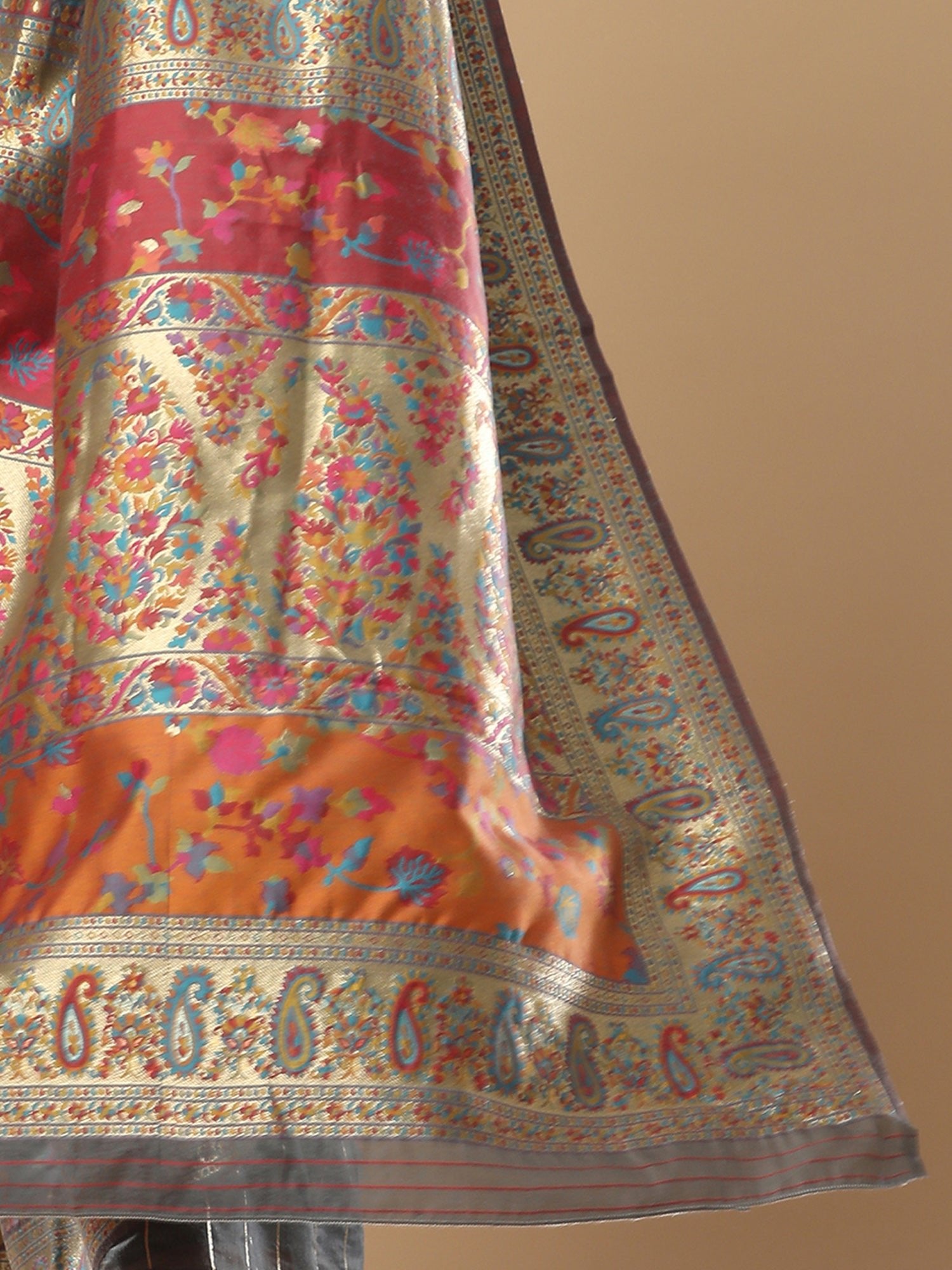 Navy Blue Kashmiri Silk Saree with Flower Motif - Ressa