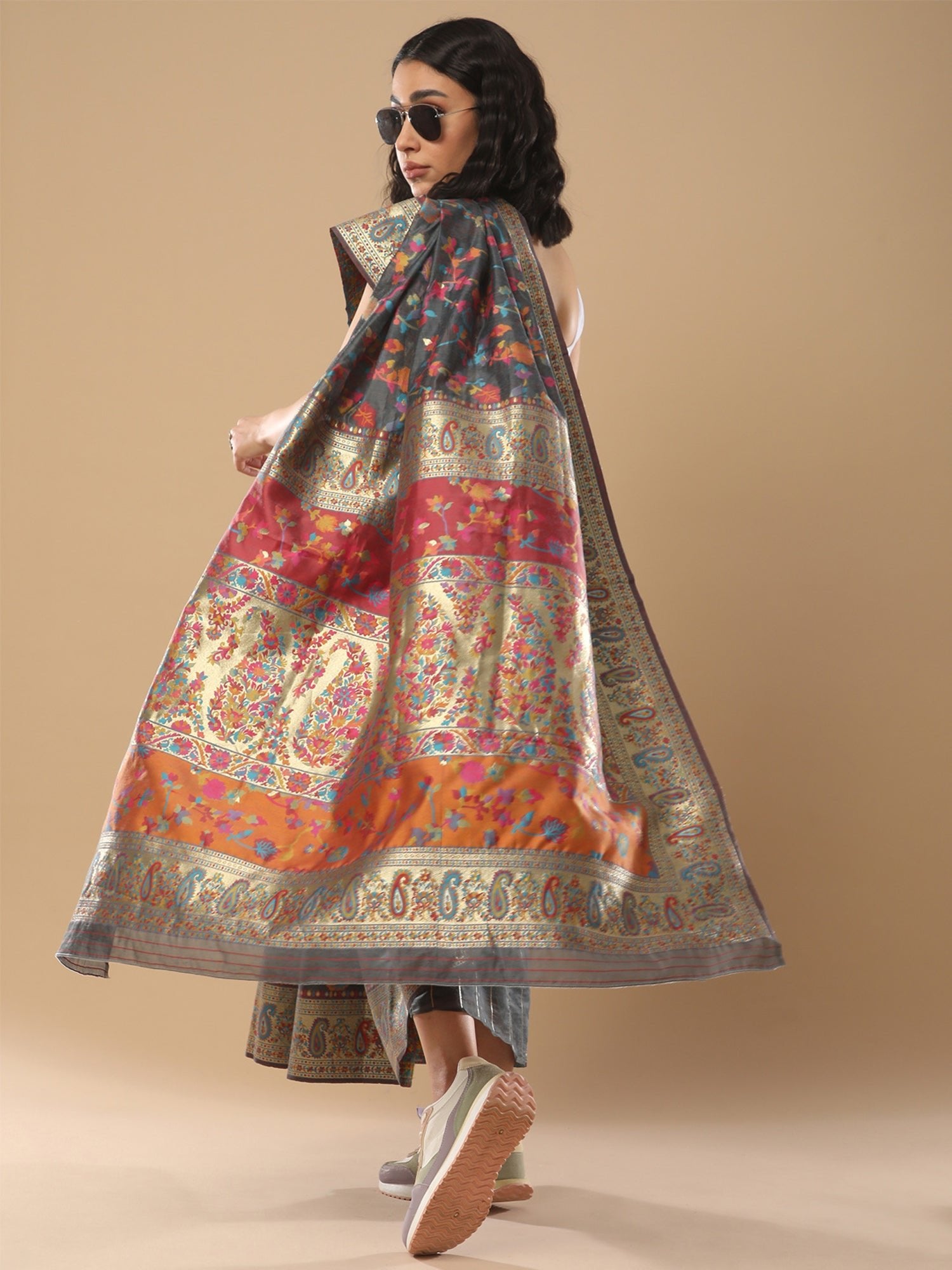 Navy Blue Kashmiri Silk Saree with Flower Motif - Ressa