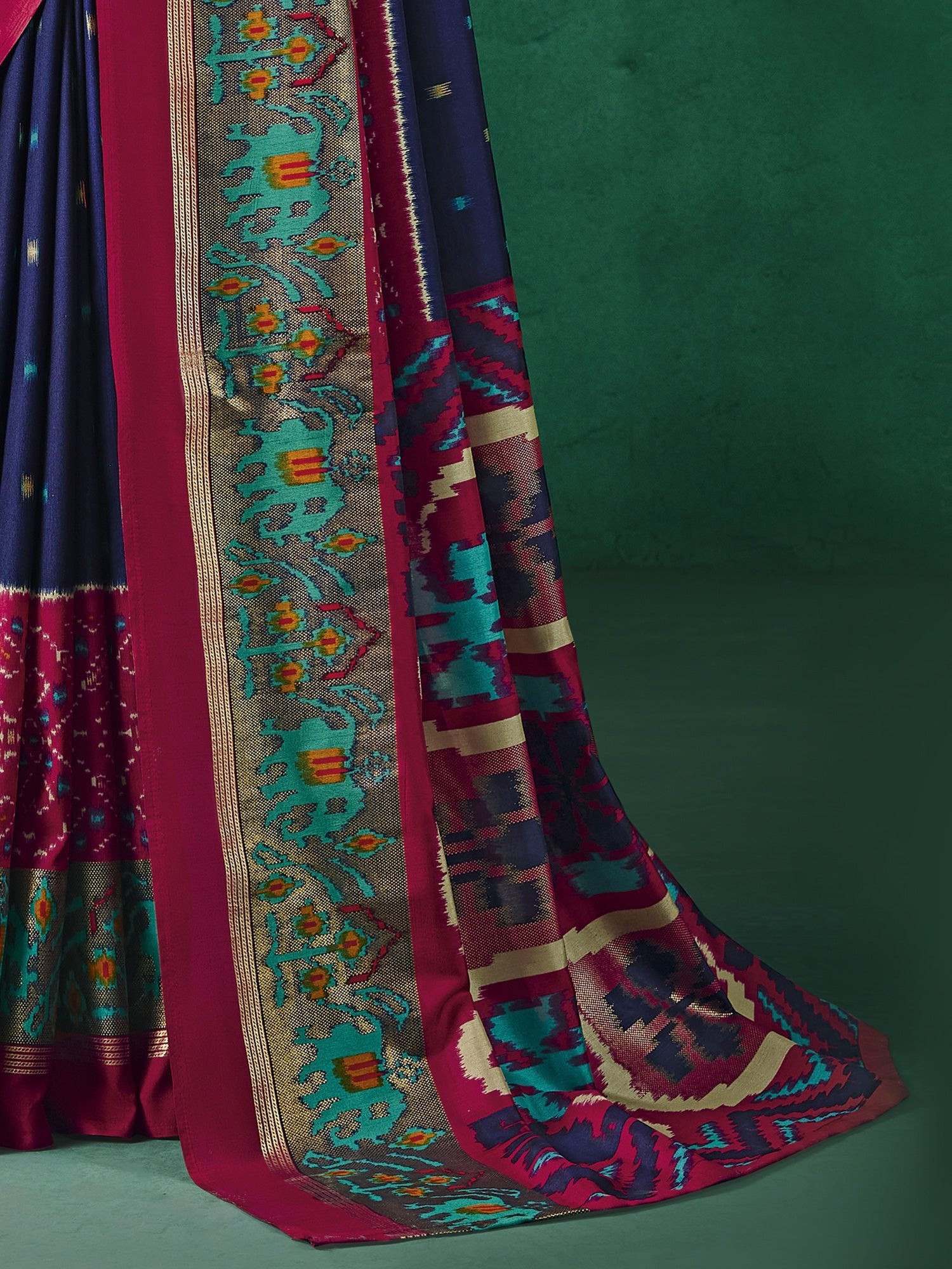 Navy Blue & Magenta Patola Silk Saree with Ikat Weave - Ressa