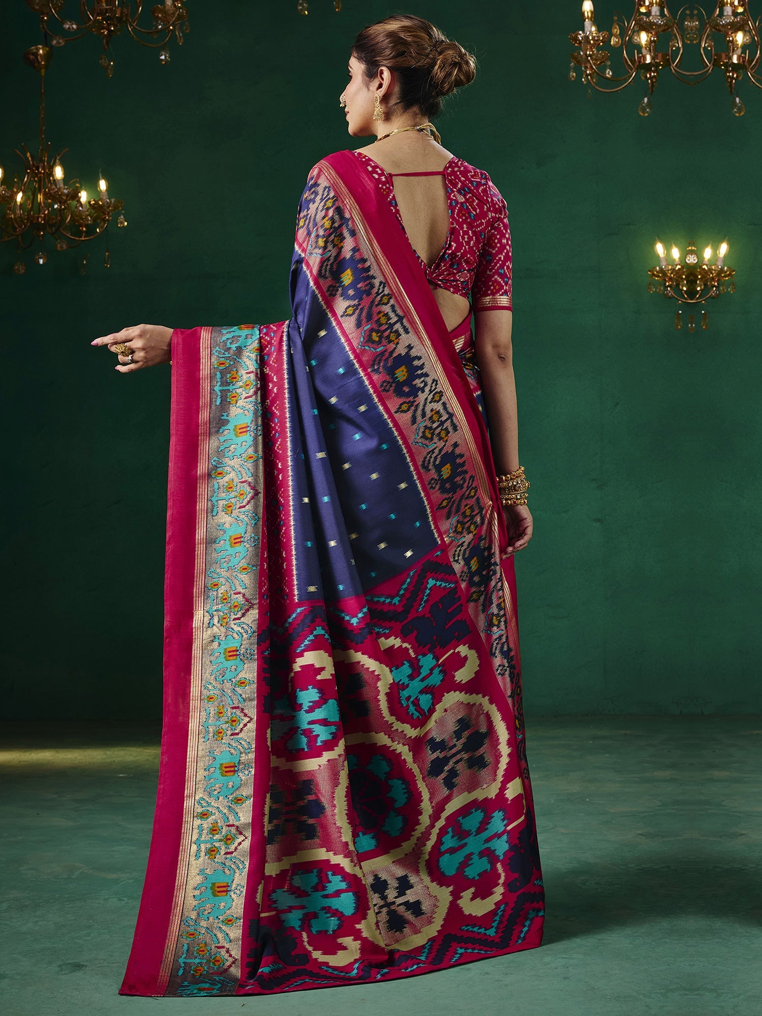 Navy Blue & Magenta Patola Silk Saree with Ikat Weave - Ressa