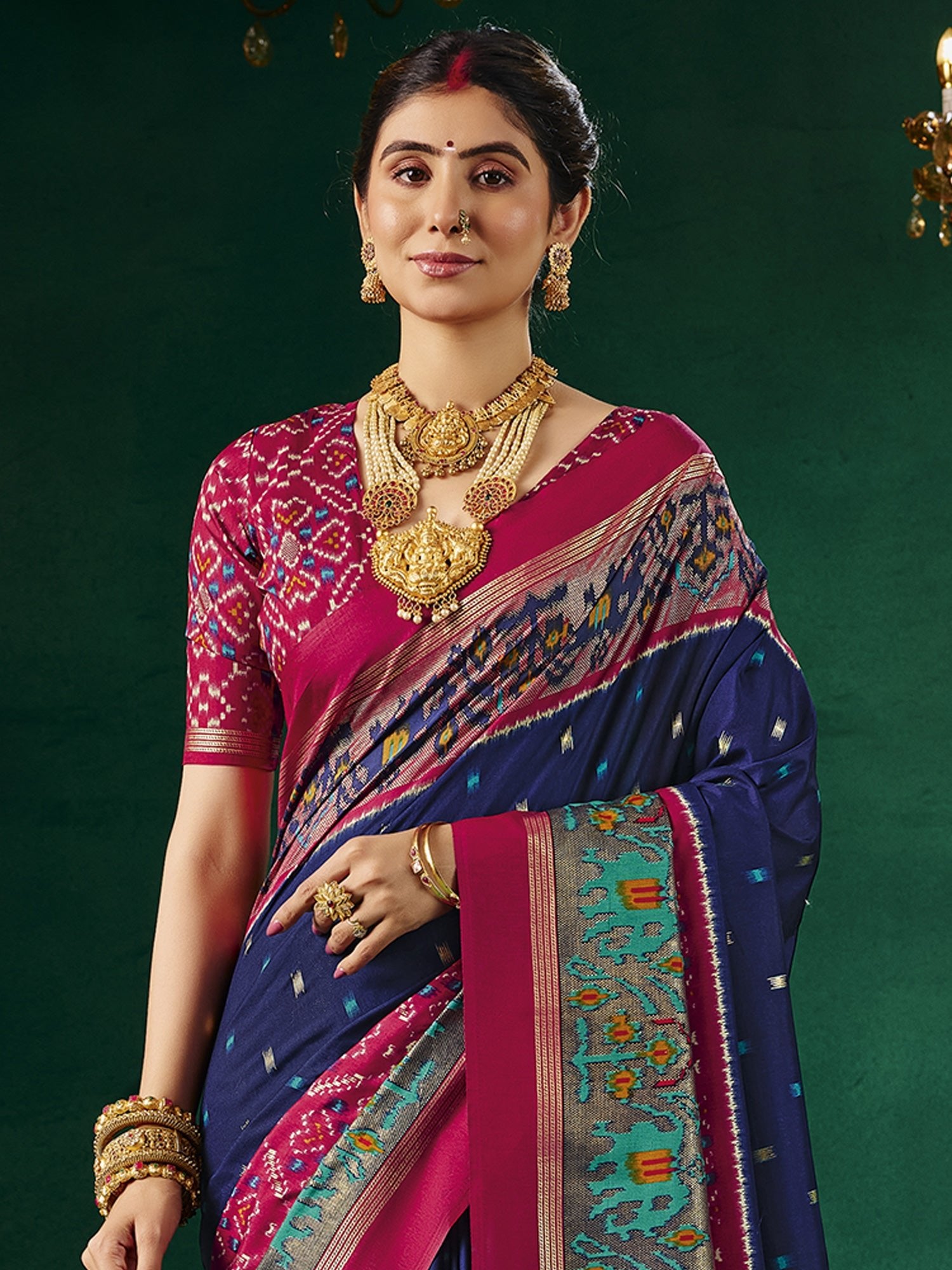 Navy Blue & Magenta Patola Silk Saree with Ikat Weave - Ressa