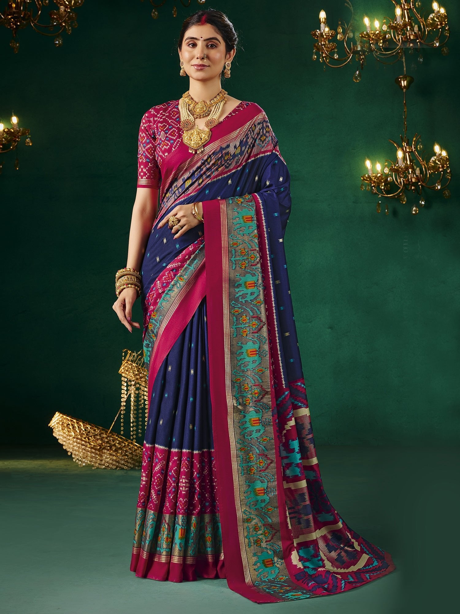 Navy Blue & Magenta Patola Silk Saree with Ikat Weave - Ressa