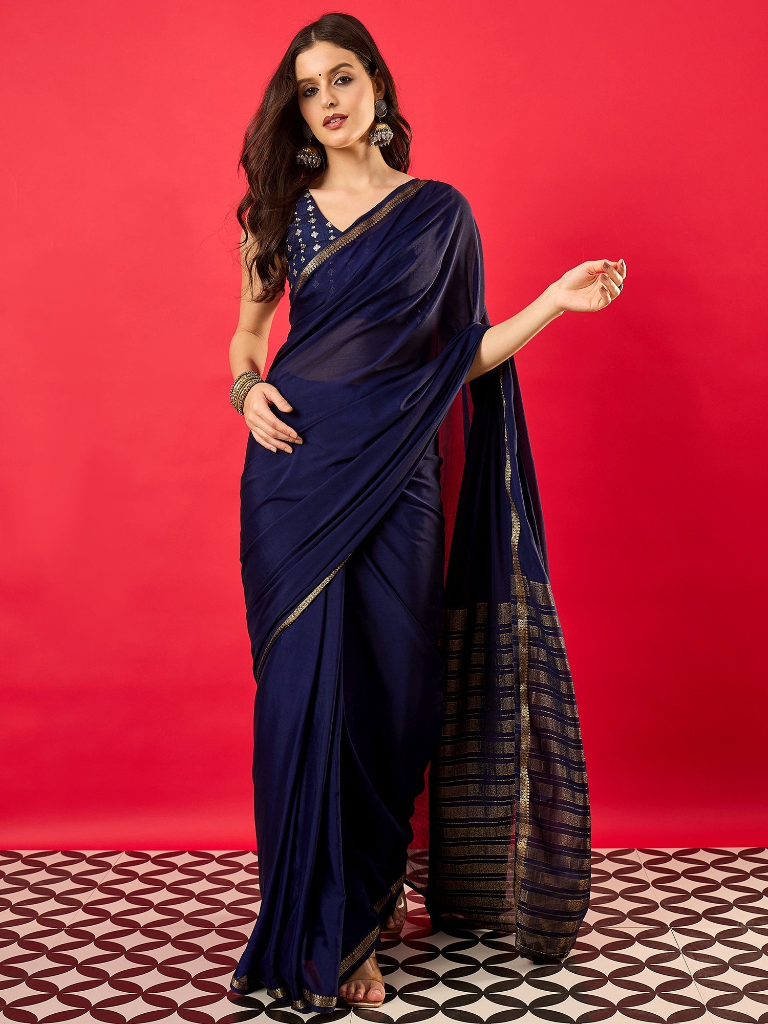 Navy Blue Mysore Silk Saree - Ressa