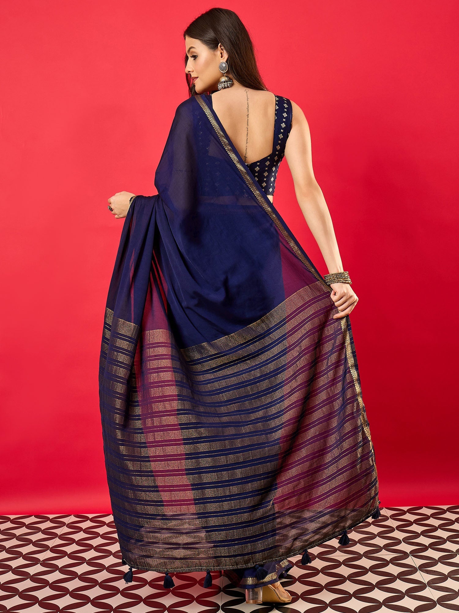 Navy Blue Mysore Silk Saree - Ressa