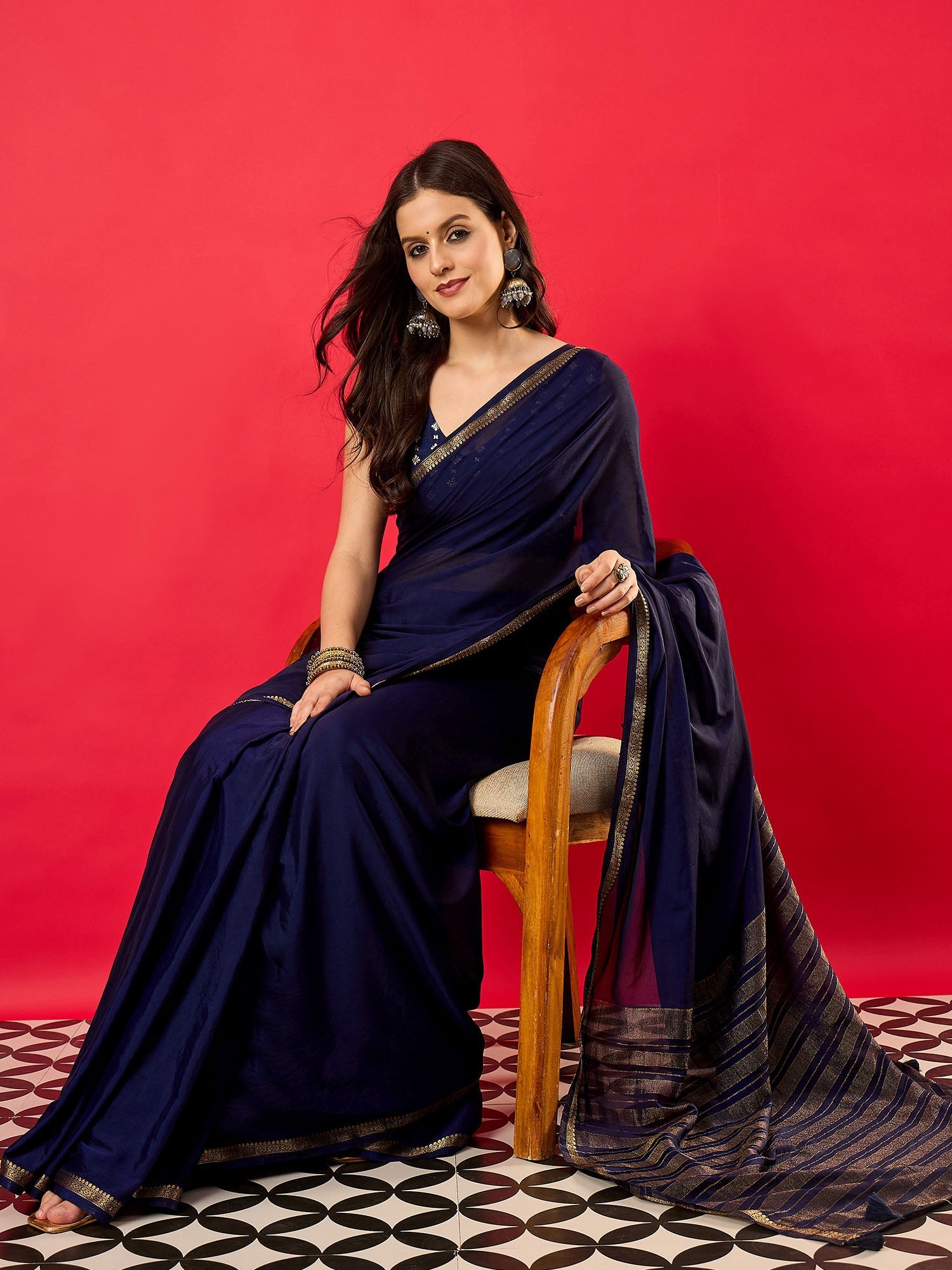 Navy Blue Mysore Silk Saree - Ressa