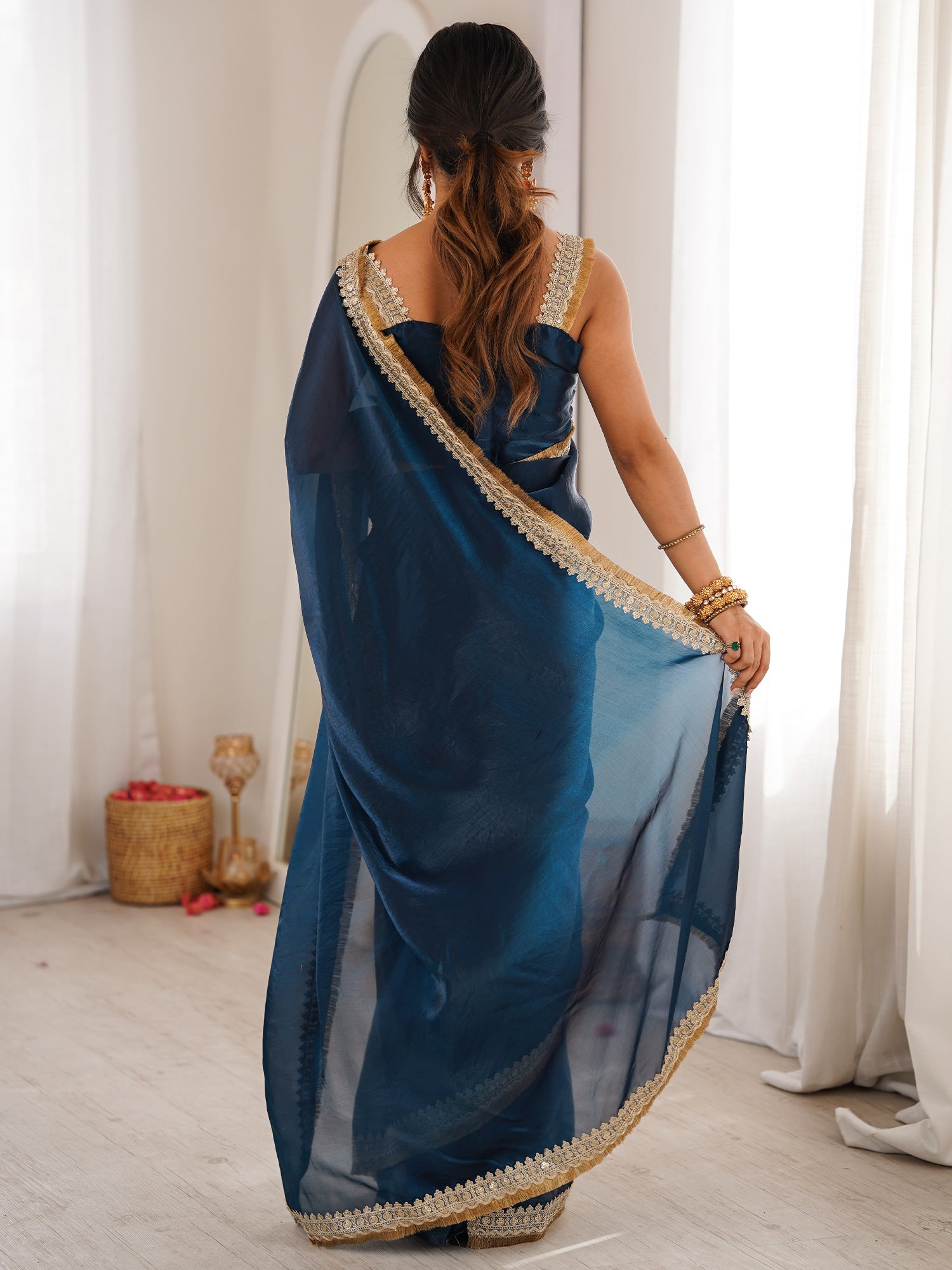 Navy Blue Organza Saree with Mirror-Work Border - Ressa