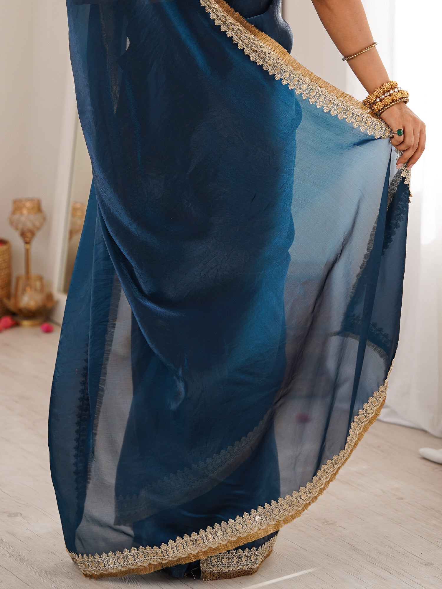 Navy Blue Organza Saree with Mirror-Work Border - Ressa