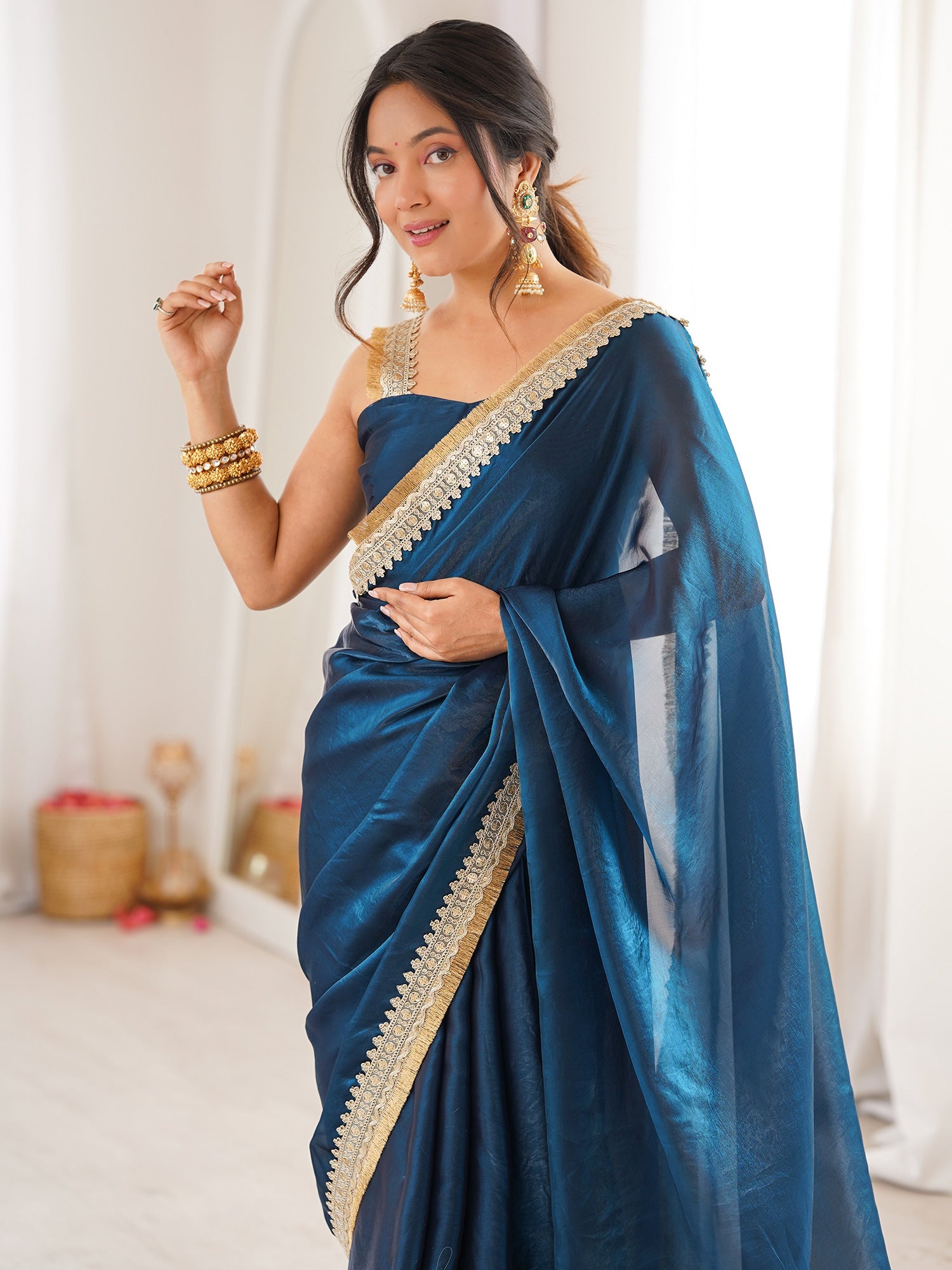 Navy Blue Organza Saree with Mirror-Work Border - Ressa
