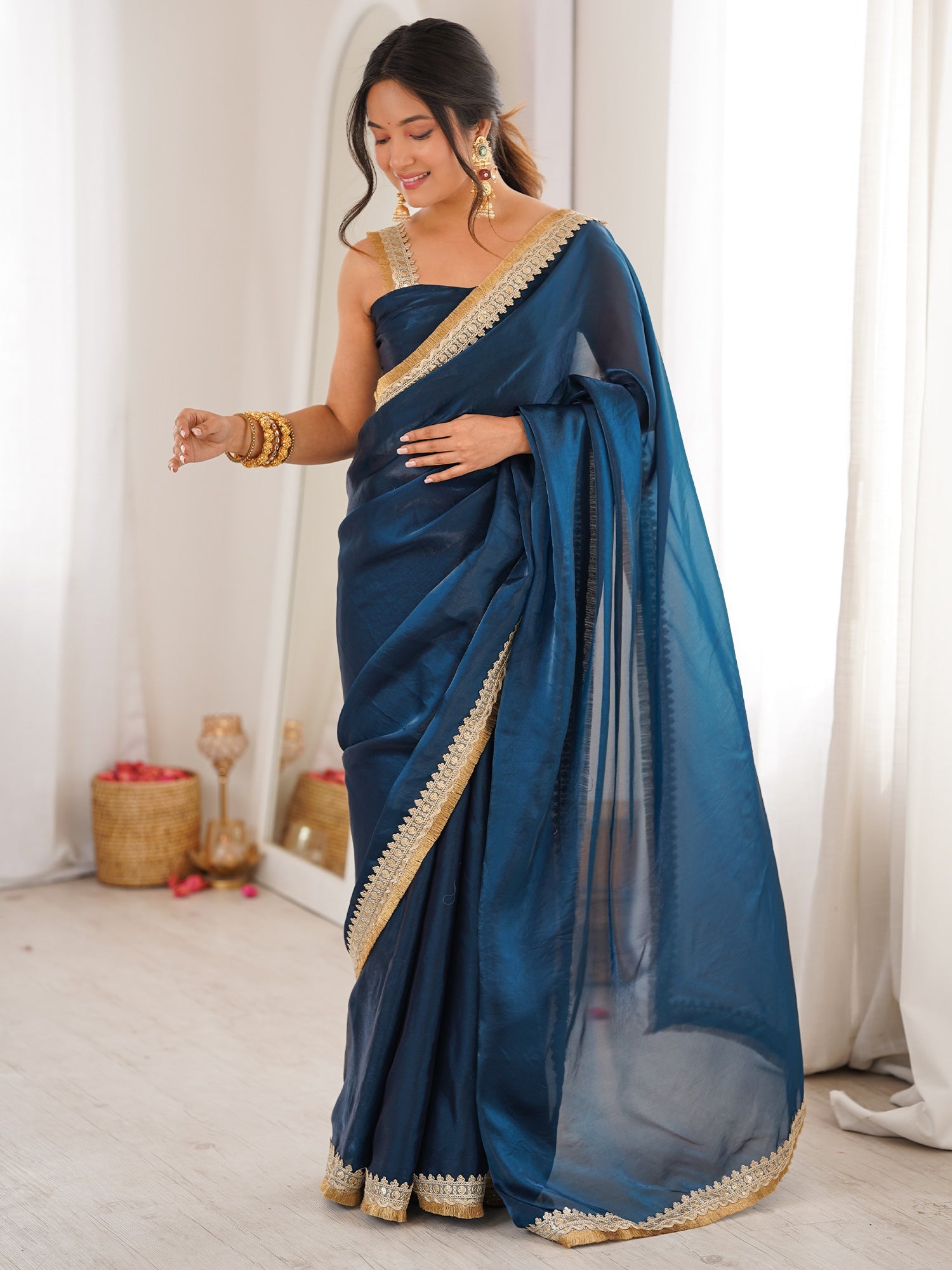 Navy Blue Organza Saree with Mirror-Work Border - Ressa
