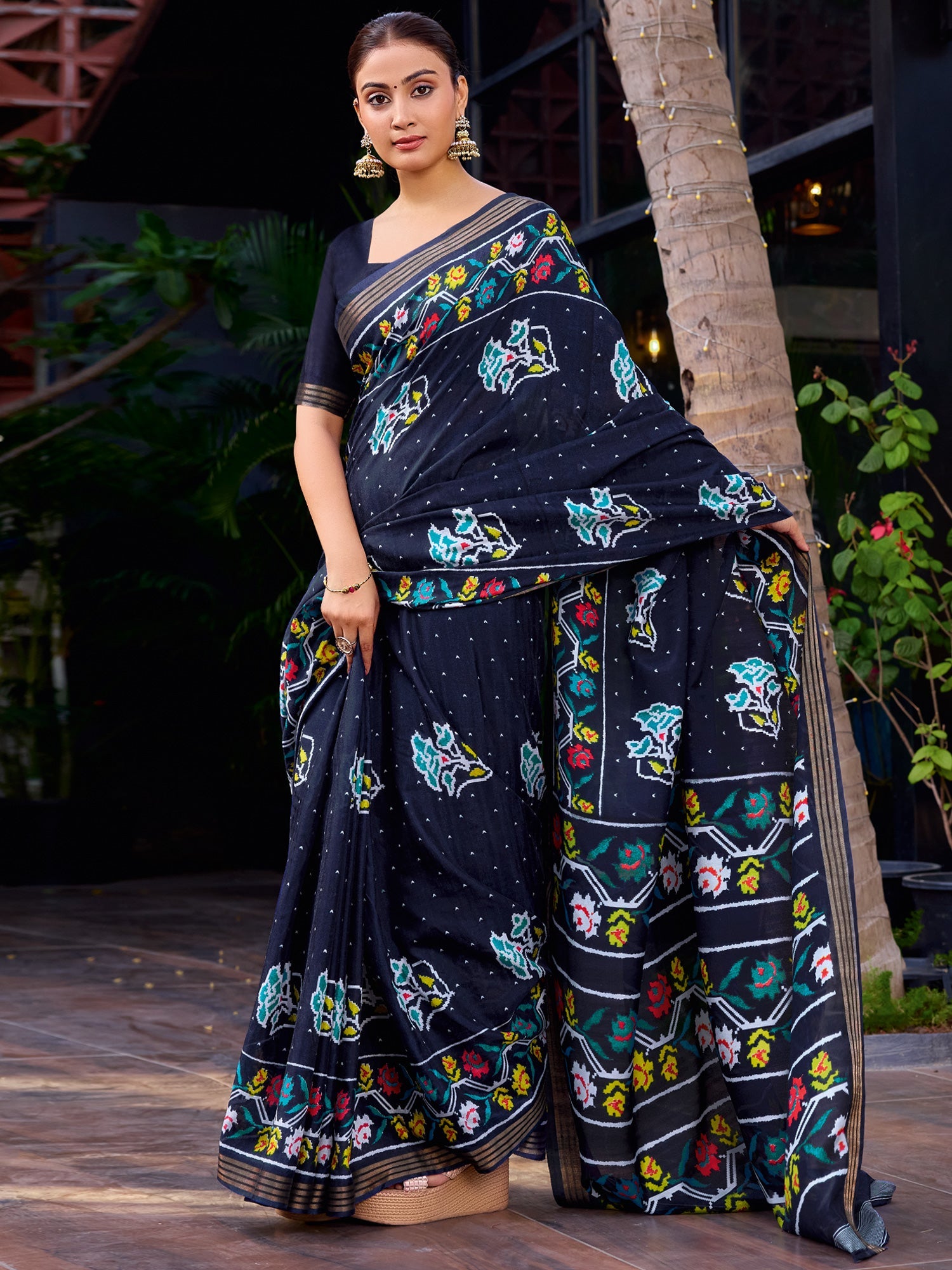 Navy Blue Patola Printed Saree - Ressa