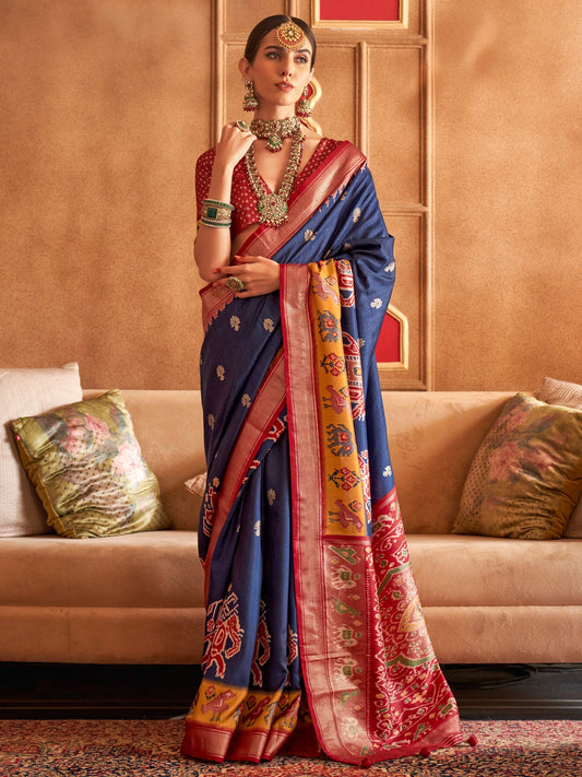 Navy Blue Patola Silk Blend Maroon Zari Woven Border Saree - Ressa