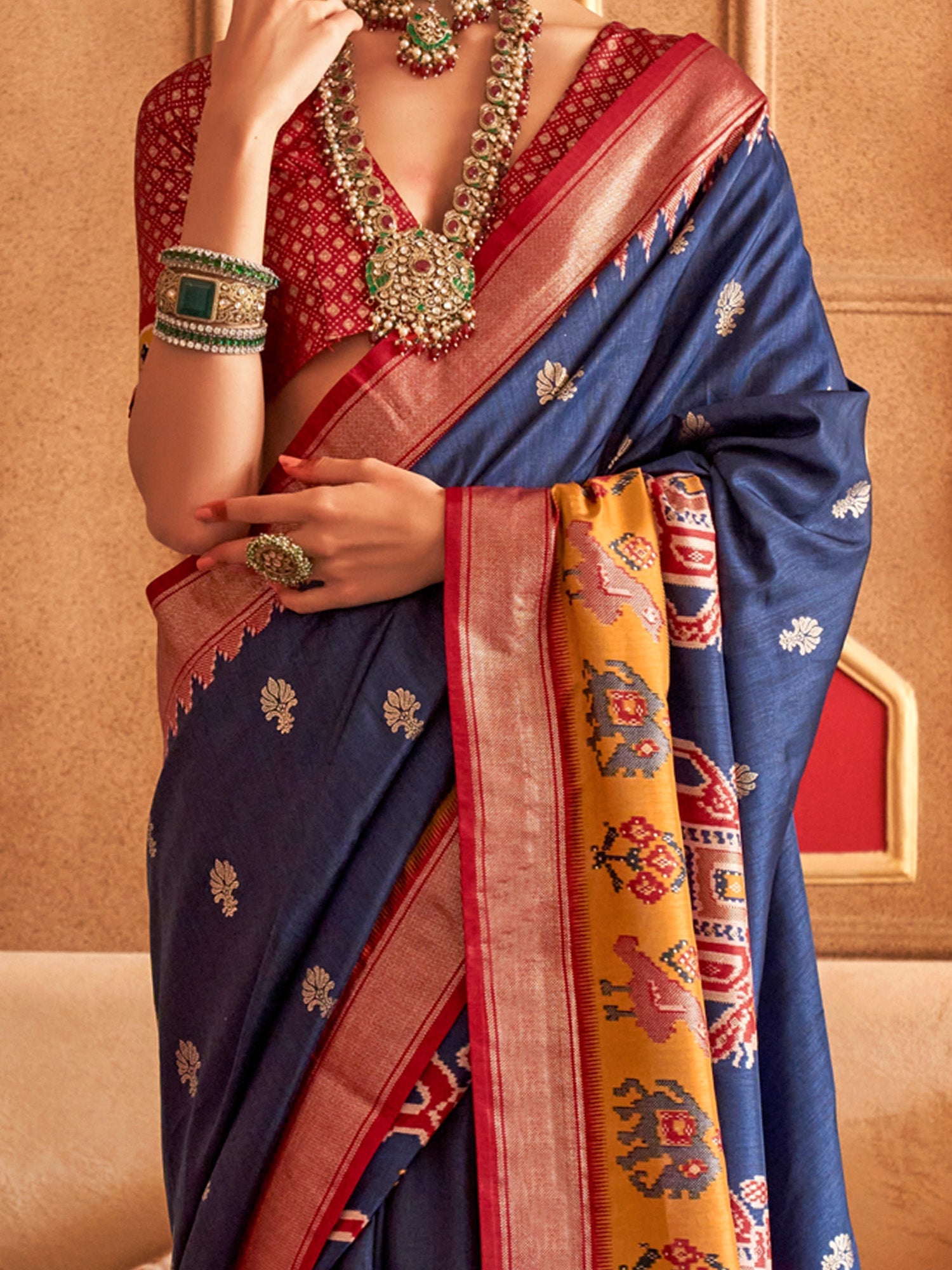 Navy Blue Patola Silk Blend Maroon Zari Woven Border Saree - Ressa