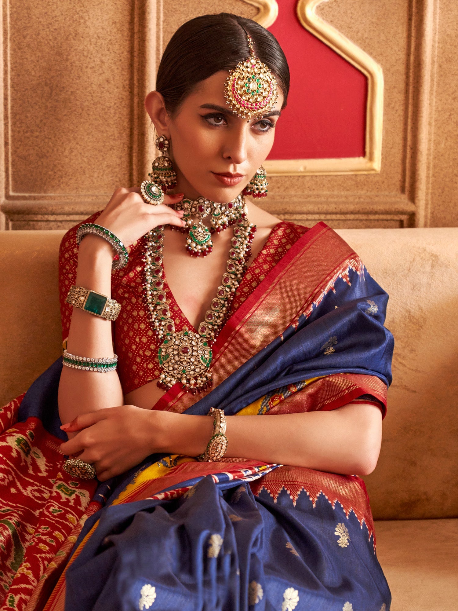 Navy Blue Patola Silk Blend Maroon Zari Woven Border Saree - Ressa