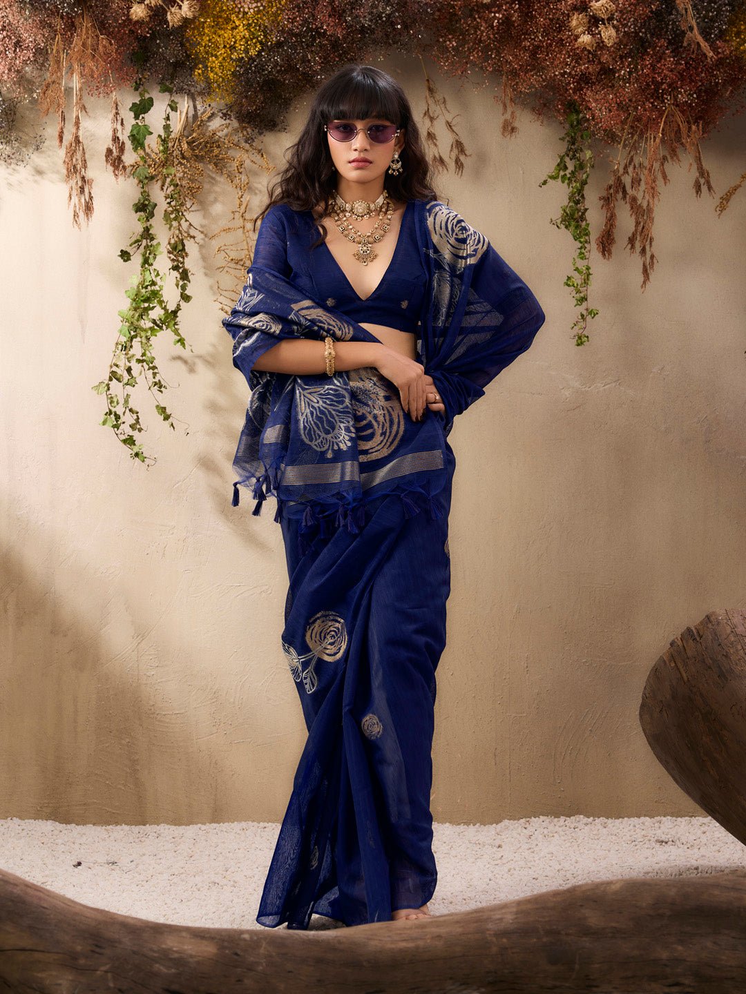 Navy Blue Pure Silk Saree - Ressa