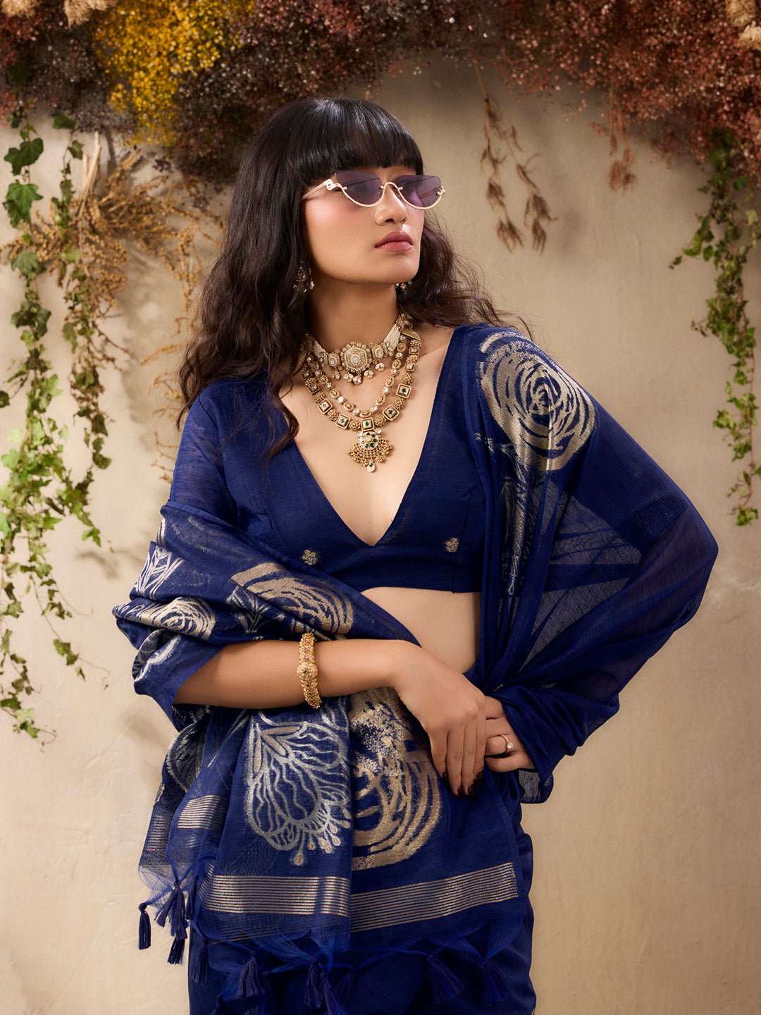 Navy Blue Pure Silk Saree - Ressa