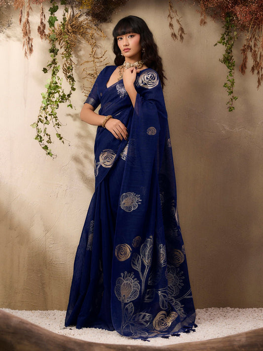 Navy Blue Pure Silk Saree - Ressa