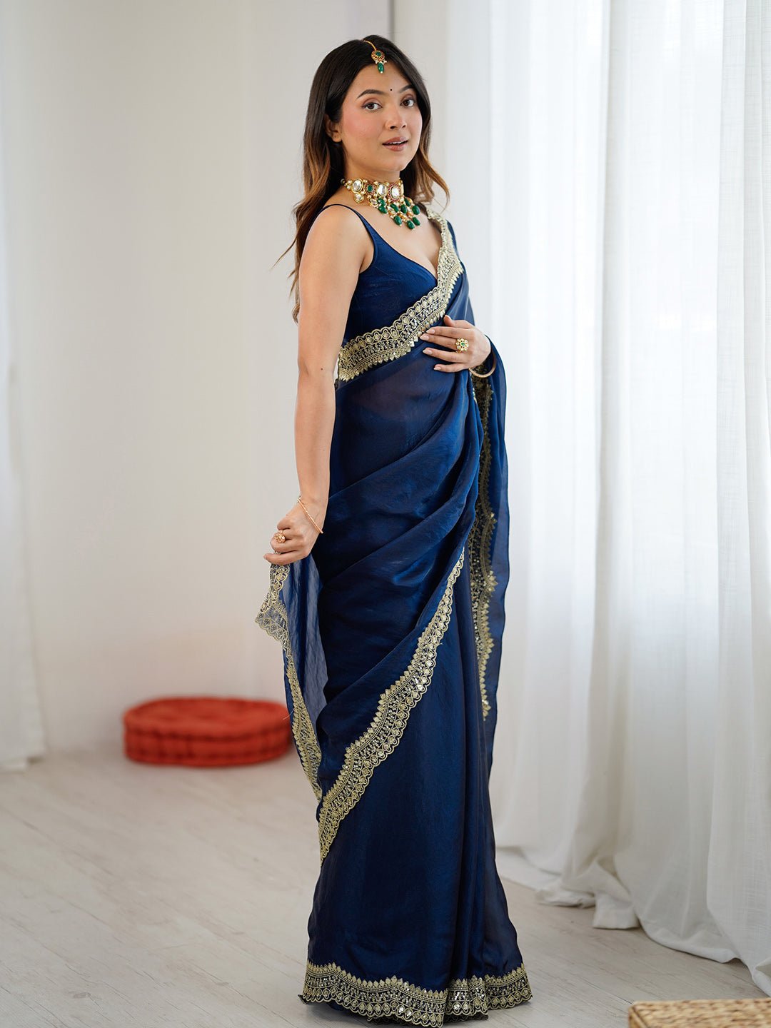 Navy Blue Satin Chiffon Embroidered Border Saree - Ressa