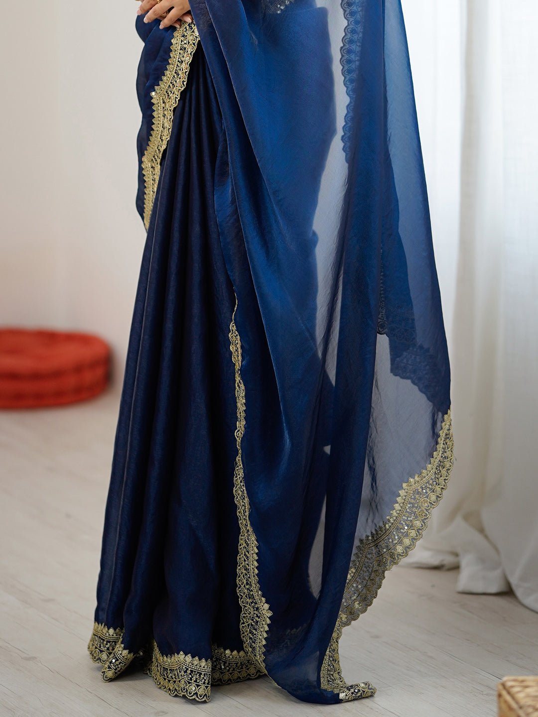 Navy Blue Satin Chiffon Embroidered Border Saree - Ressa