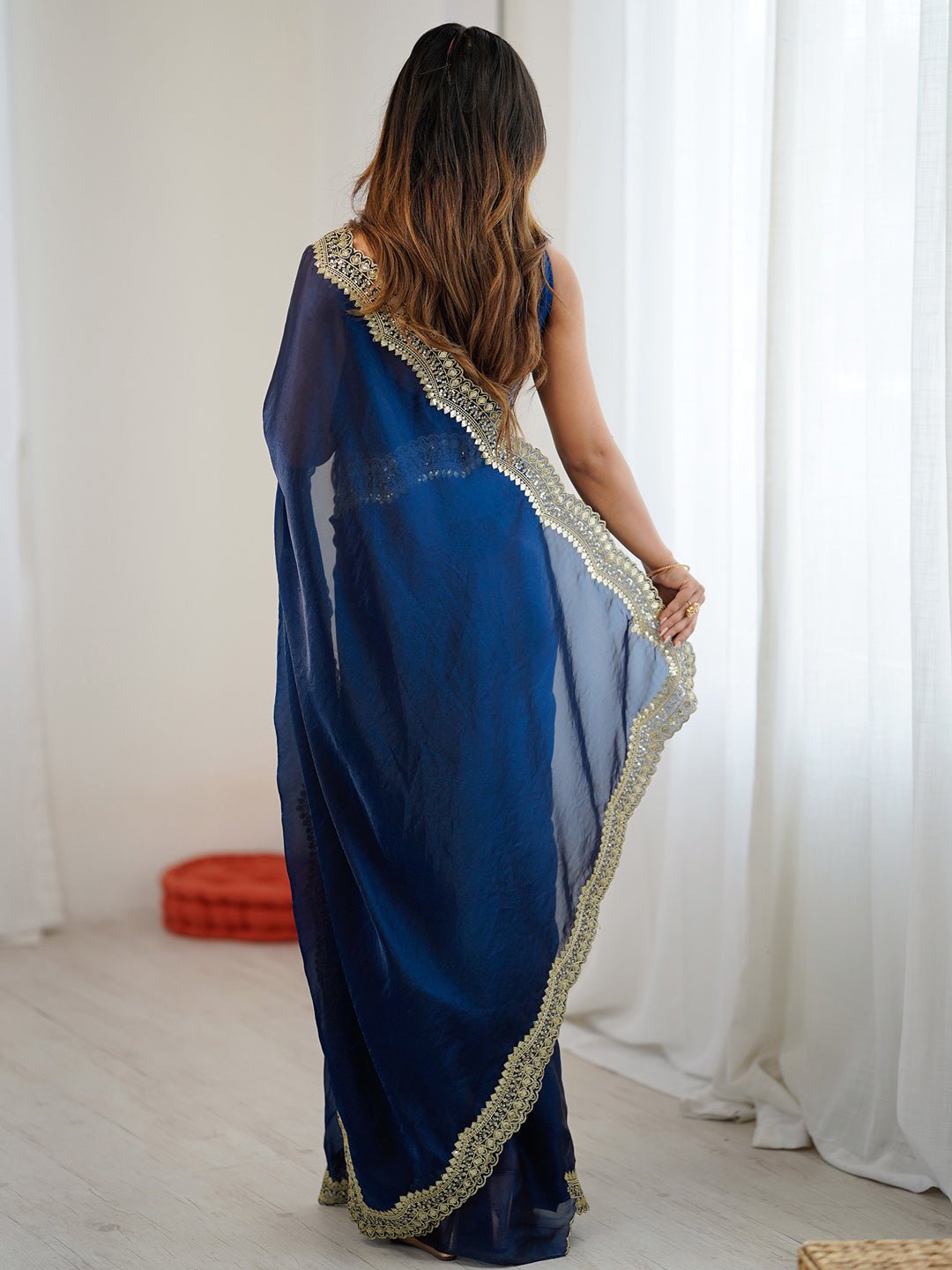Navy Blue Satin Chiffon Embroidered Border Saree - Ressa