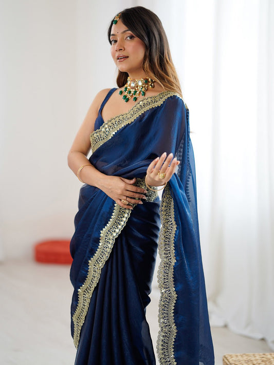 Navy Blue Satin Chiffon Embroidered Border Saree - Ressa