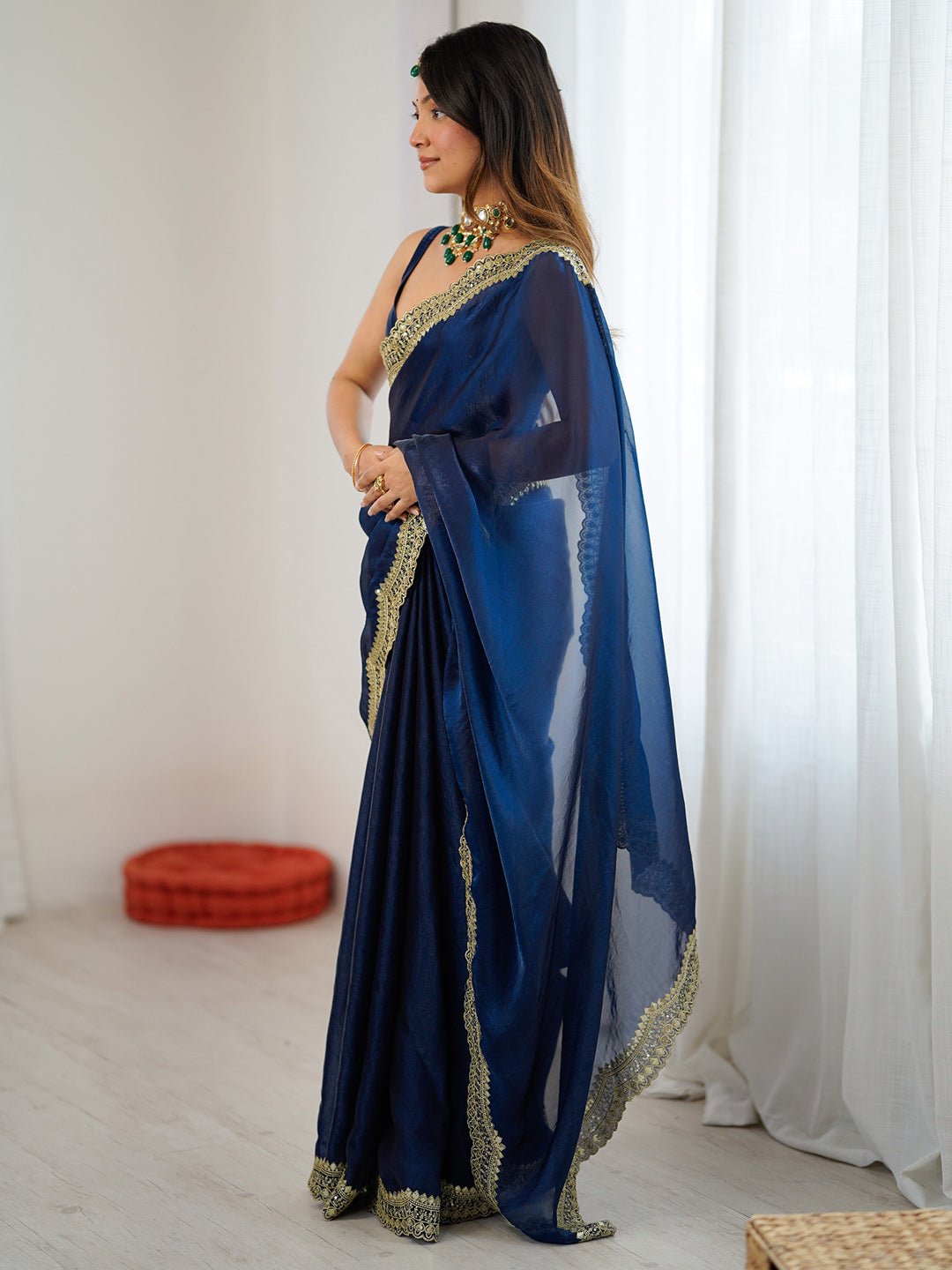 Navy Blue Satin Chiffon Embroidered Border Saree - Ressa