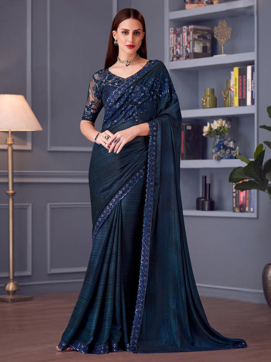 Navy Blue Satin Embroidered Saree - Ressa