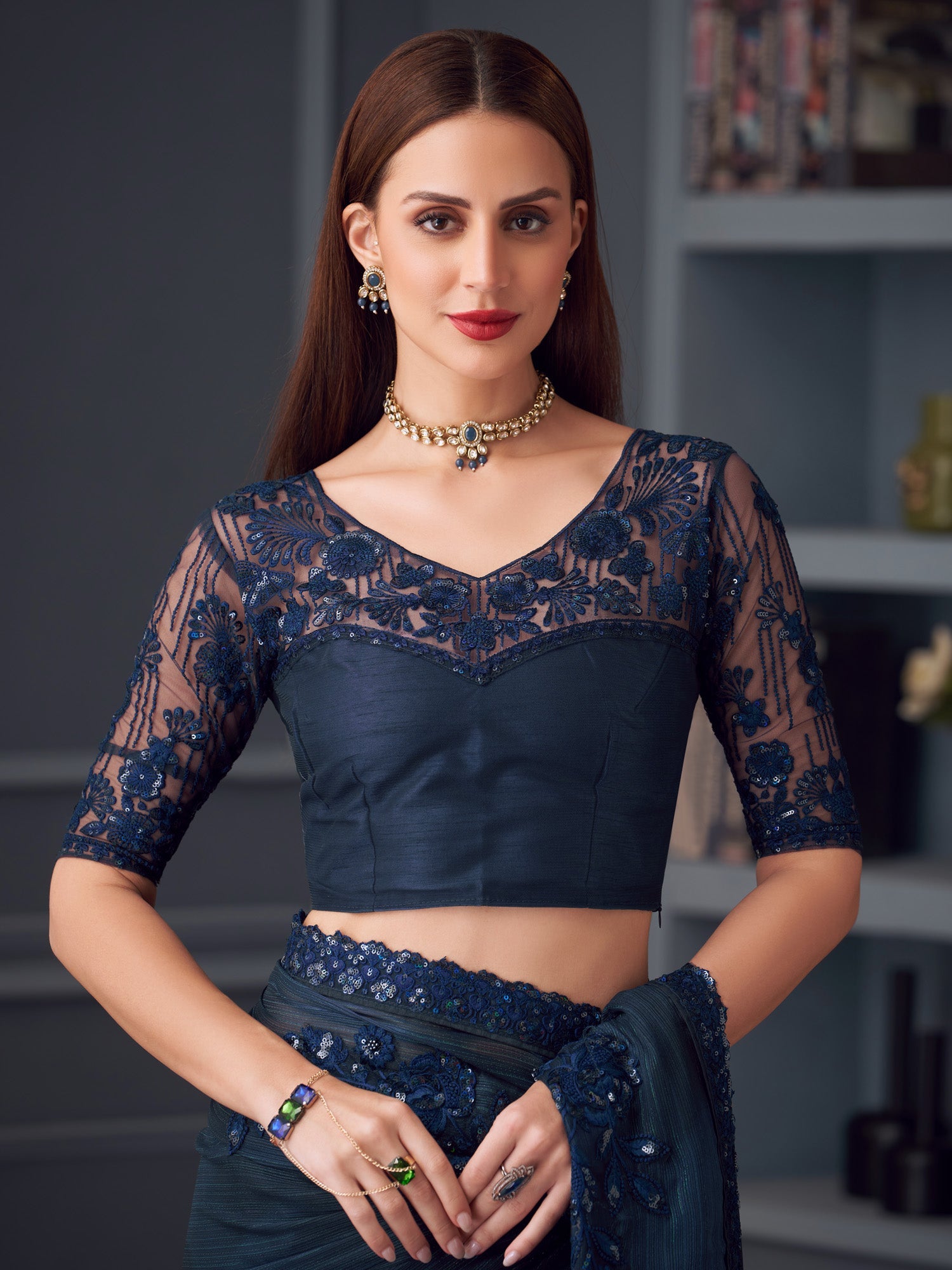 Navy Blue Satin Embroidered Saree - Ressa