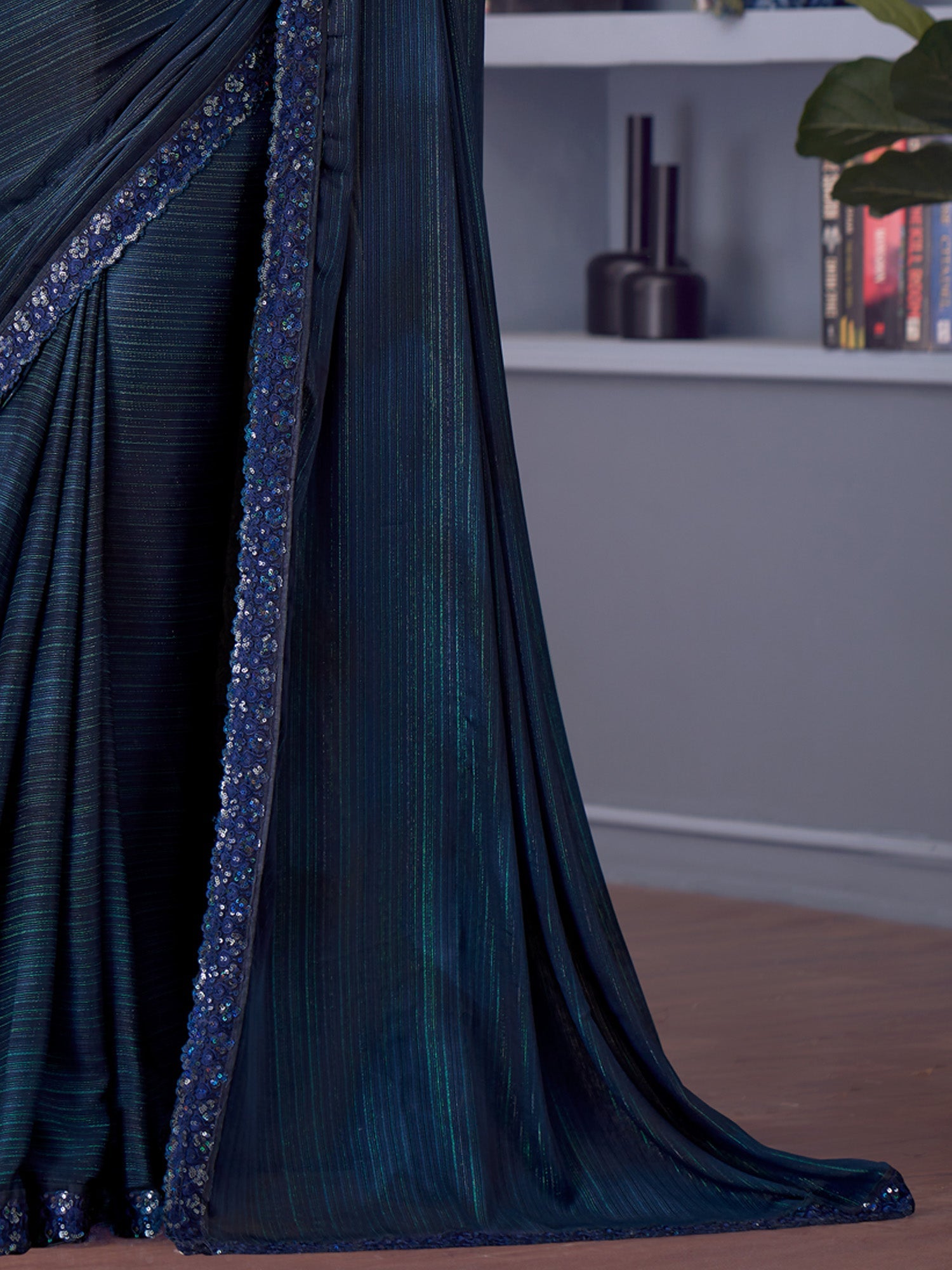 Navy Blue Satin Embroidered Saree - Ressa