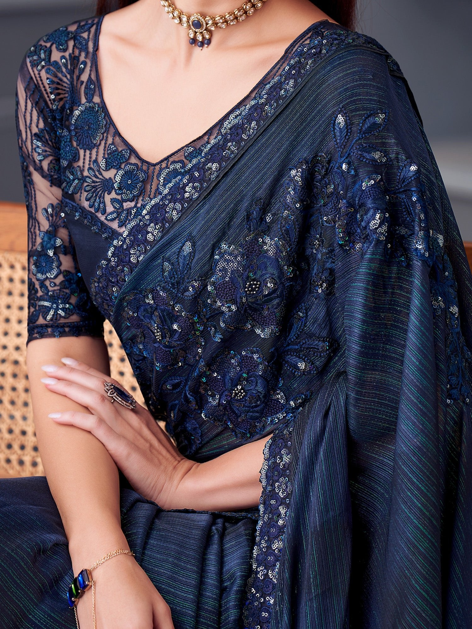Navy Blue Satin Embroidered Saree - Ressa