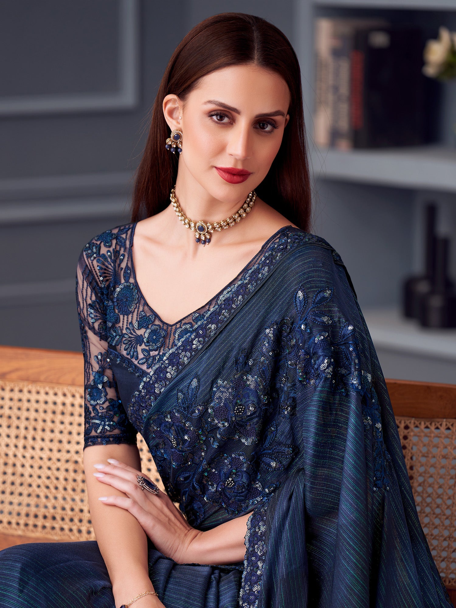 Navy Blue Satin Embroidered Saree - Ressa