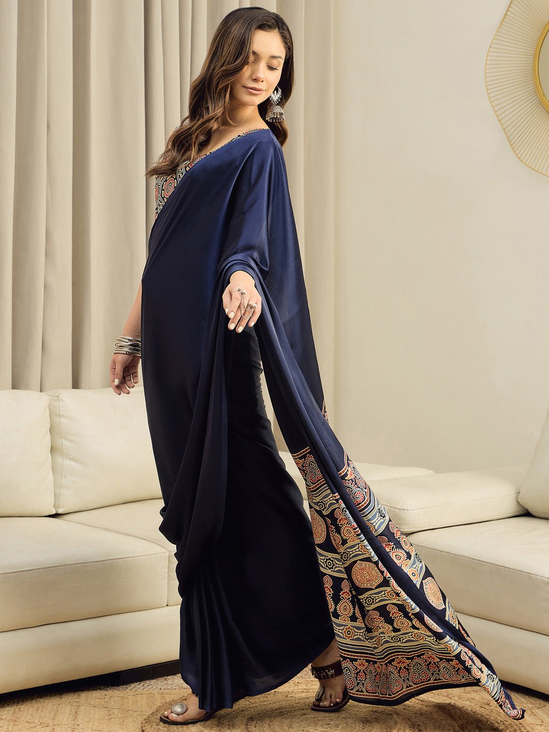 Navy Blue Satin Silk Ajrakh Block Printed Saree - Ressa
