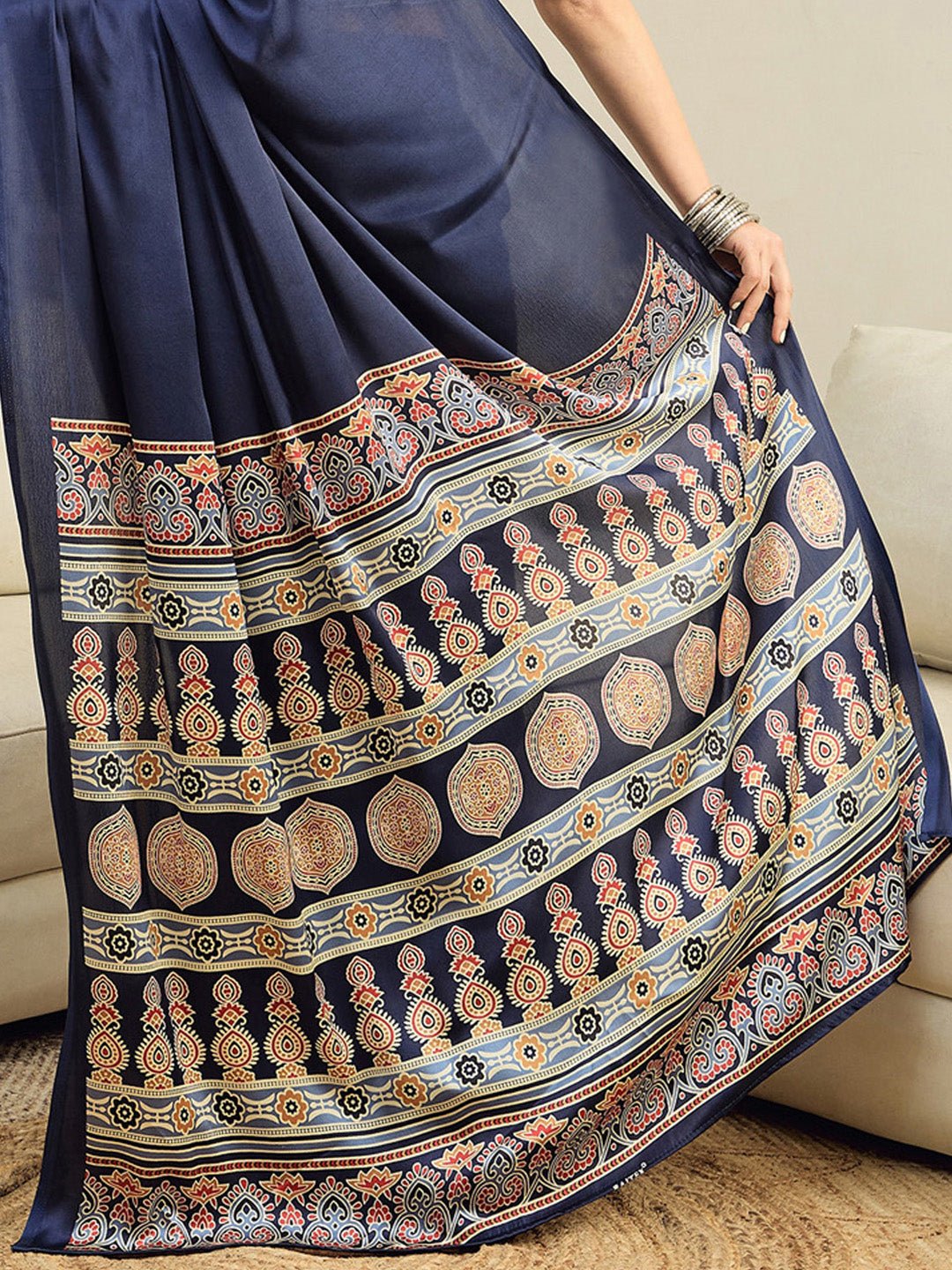 Navy Blue Satin Silk Ajrakh Block Printed Saree - Ressa