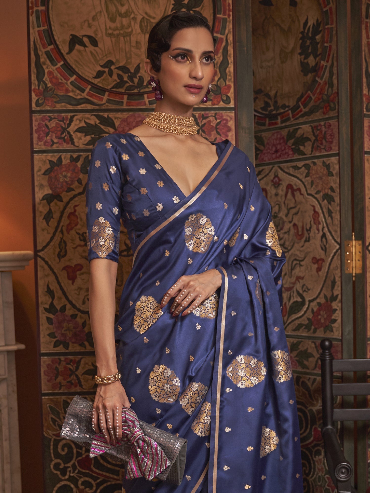 Navy Blue Satin Silk Banarasi Saree - Ressa