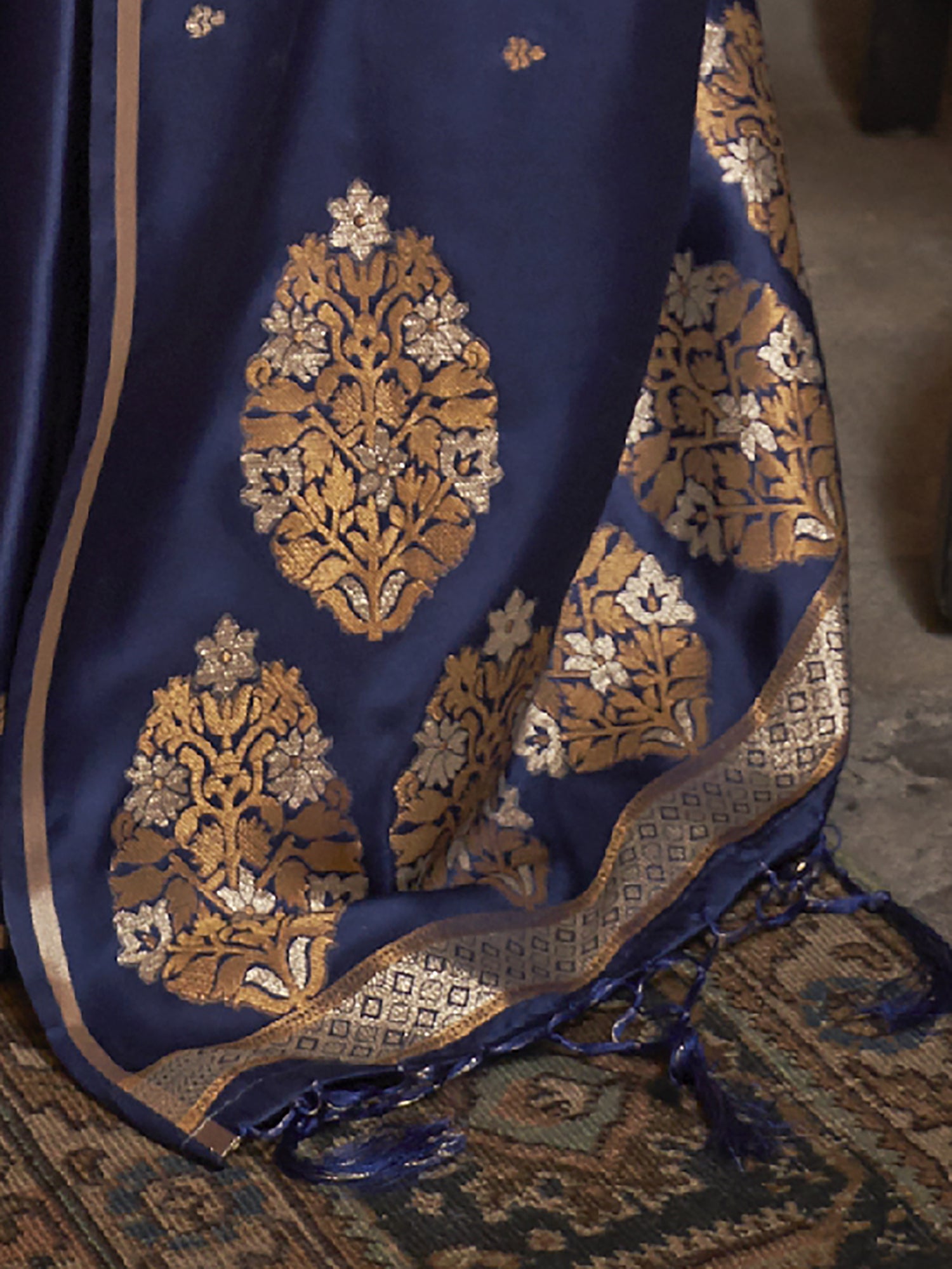 Navy Blue Satin Silk Banarasi Saree - Ressa