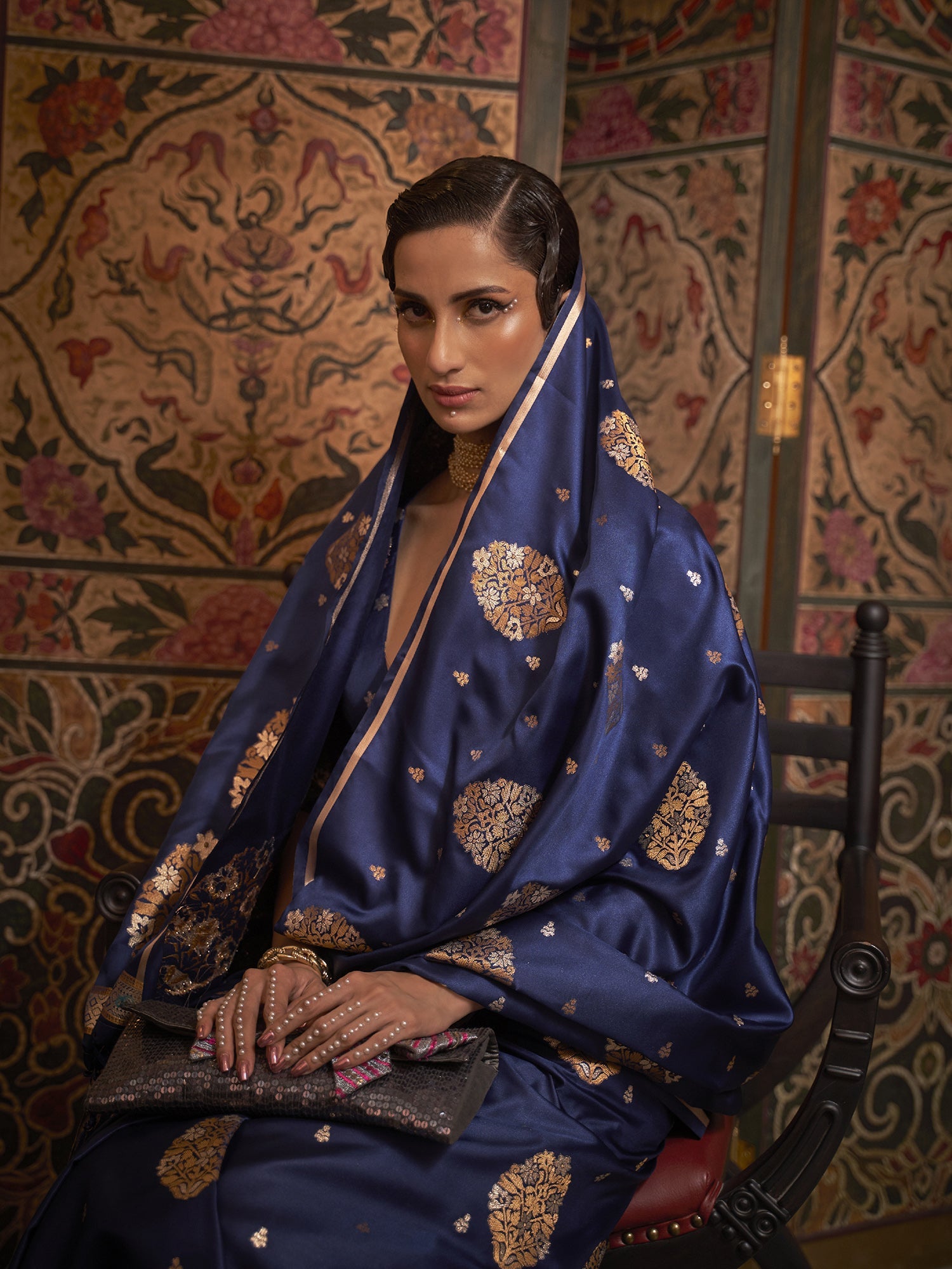 Navy Blue Satin Silk Banarasi Saree - Ressa