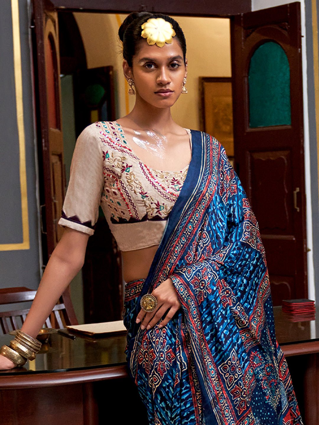 Navy Blue Silk Blend Ajrak Print Zari Pallu Contrast Blousem Saree - Ressa