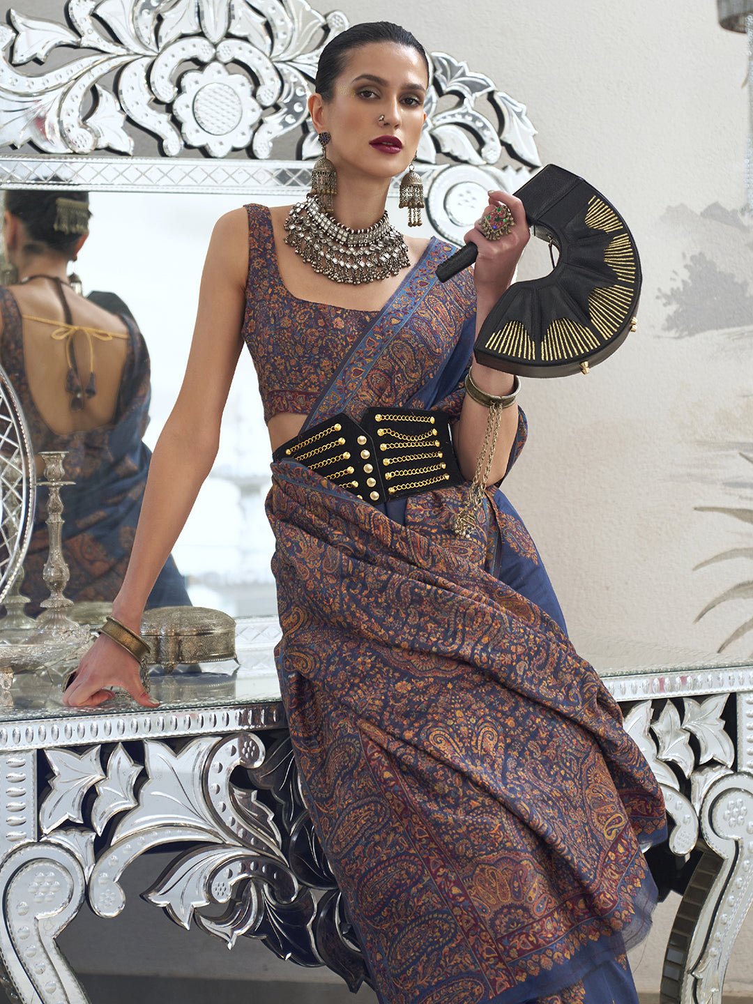 Navy Blue Silk Blend Ajrakh Heritage Print Saree - Ressa