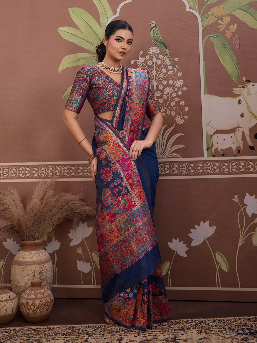 Navy Blue Silk Blend Heritage Kashmiri Style Saree - Ressa