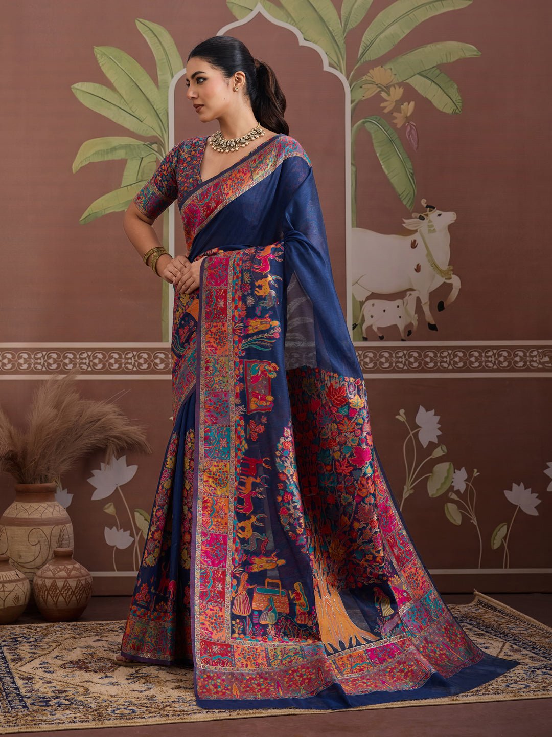 Navy Blue Silk Blend Heritage Kashmiri Style Saree - Ressa