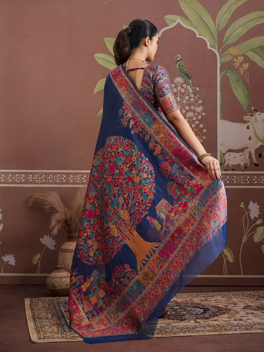 Navy Blue Silk Blend Heritage Kashmiri Style Saree - Ressa