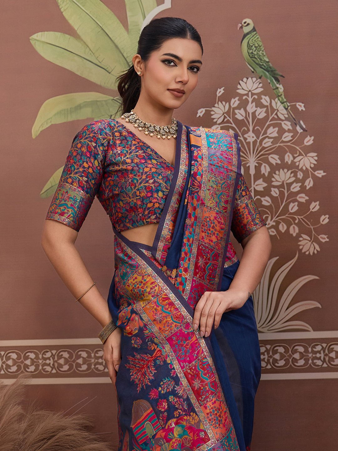 Navy Blue Silk Blend Heritage Kashmiri Style Saree - Ressa