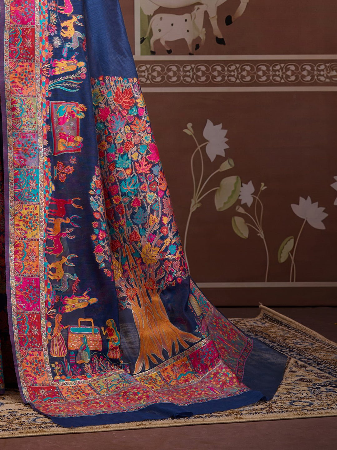 Navy Blue Silk Blend Heritage Kashmiri Style Saree - Ressa