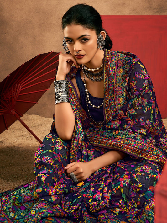 Navy Blue Silk Blend Kashmiri Jamawar Woven Saree - Ressa