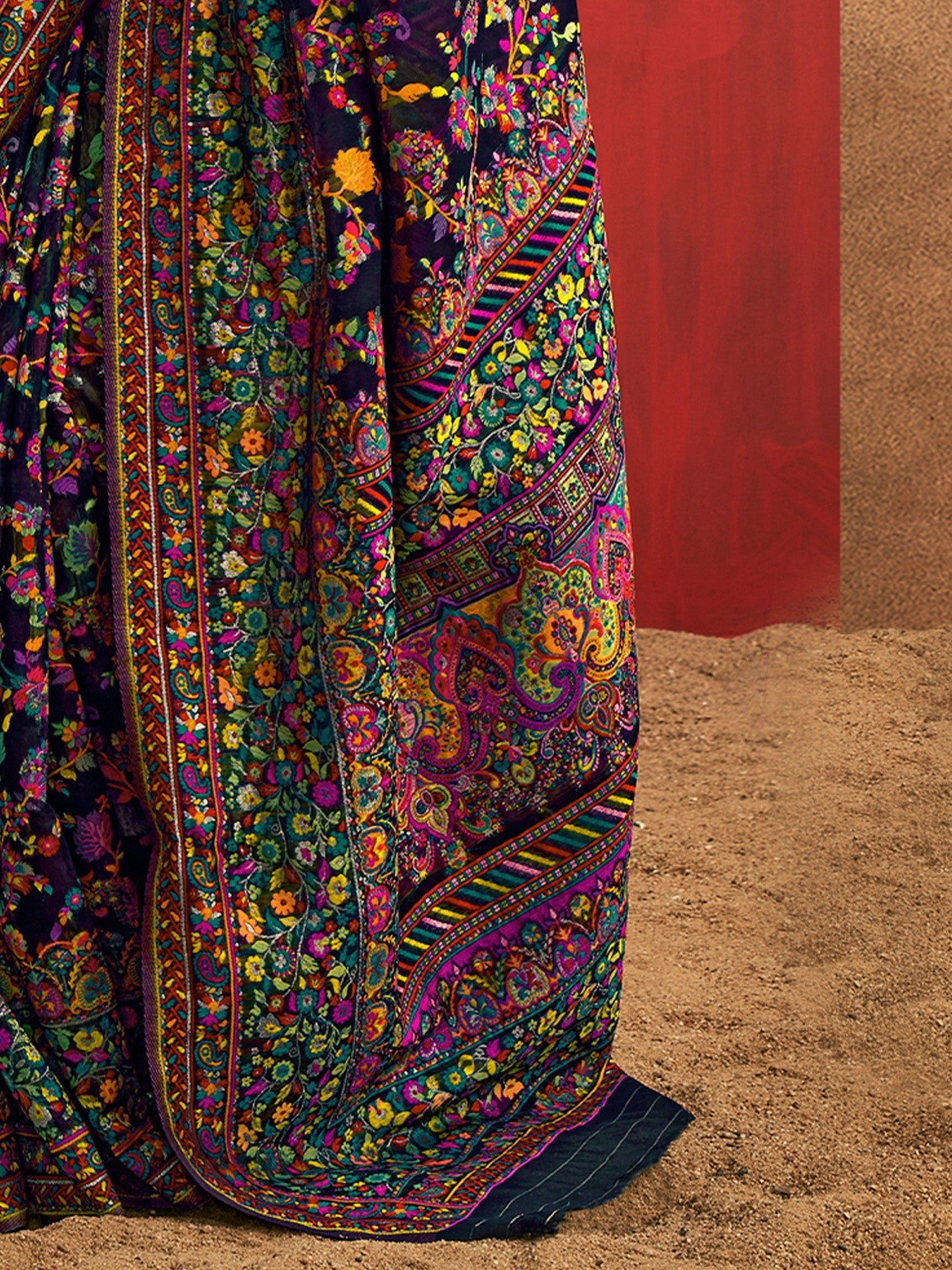 Navy Blue Silk Blend Kashmiri Jamawar Woven Saree - Ressa