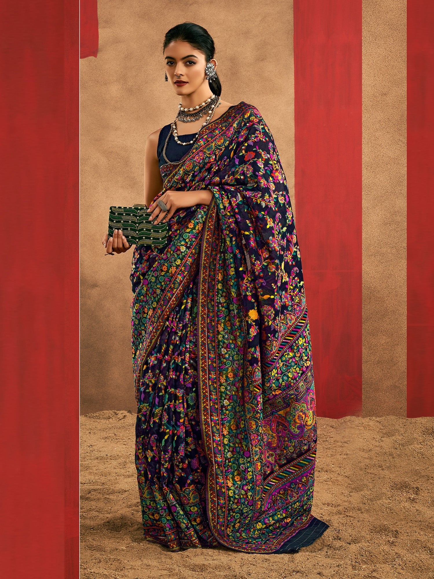 Navy Blue Silk Blend Kashmiri Jamawar Woven Saree - Ressa