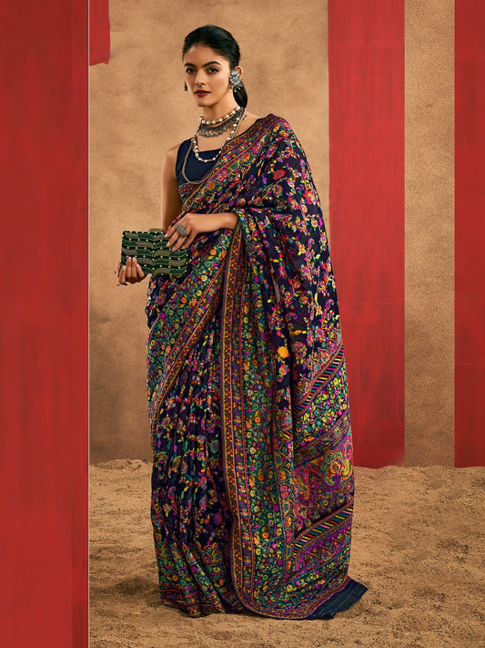 Navy Blue Silk Blend Kashmiri Jamawar Woven Saree - Ressa