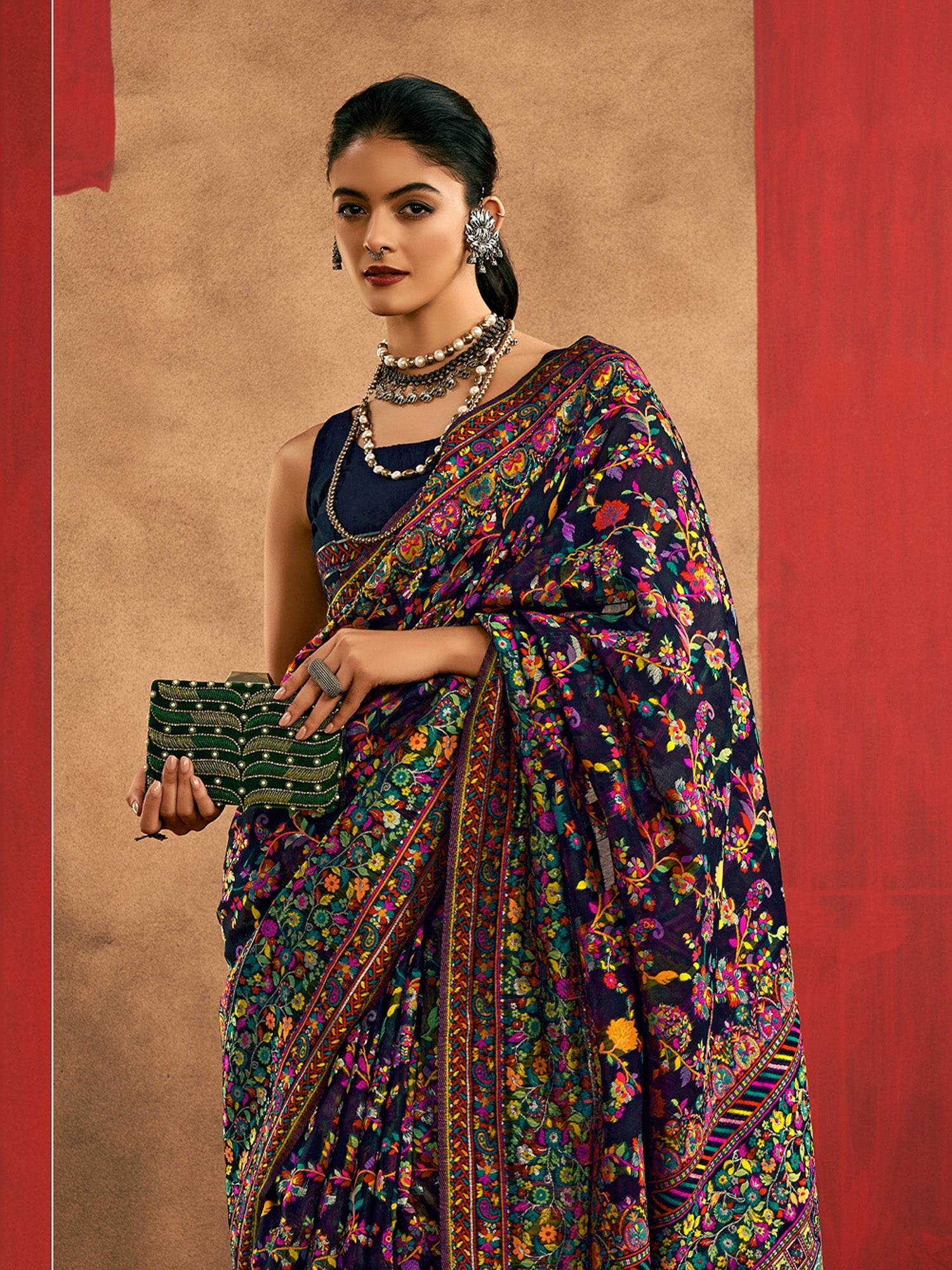 Navy Blue Silk Blend Kashmiri Jamawar Woven Saree - Ressa