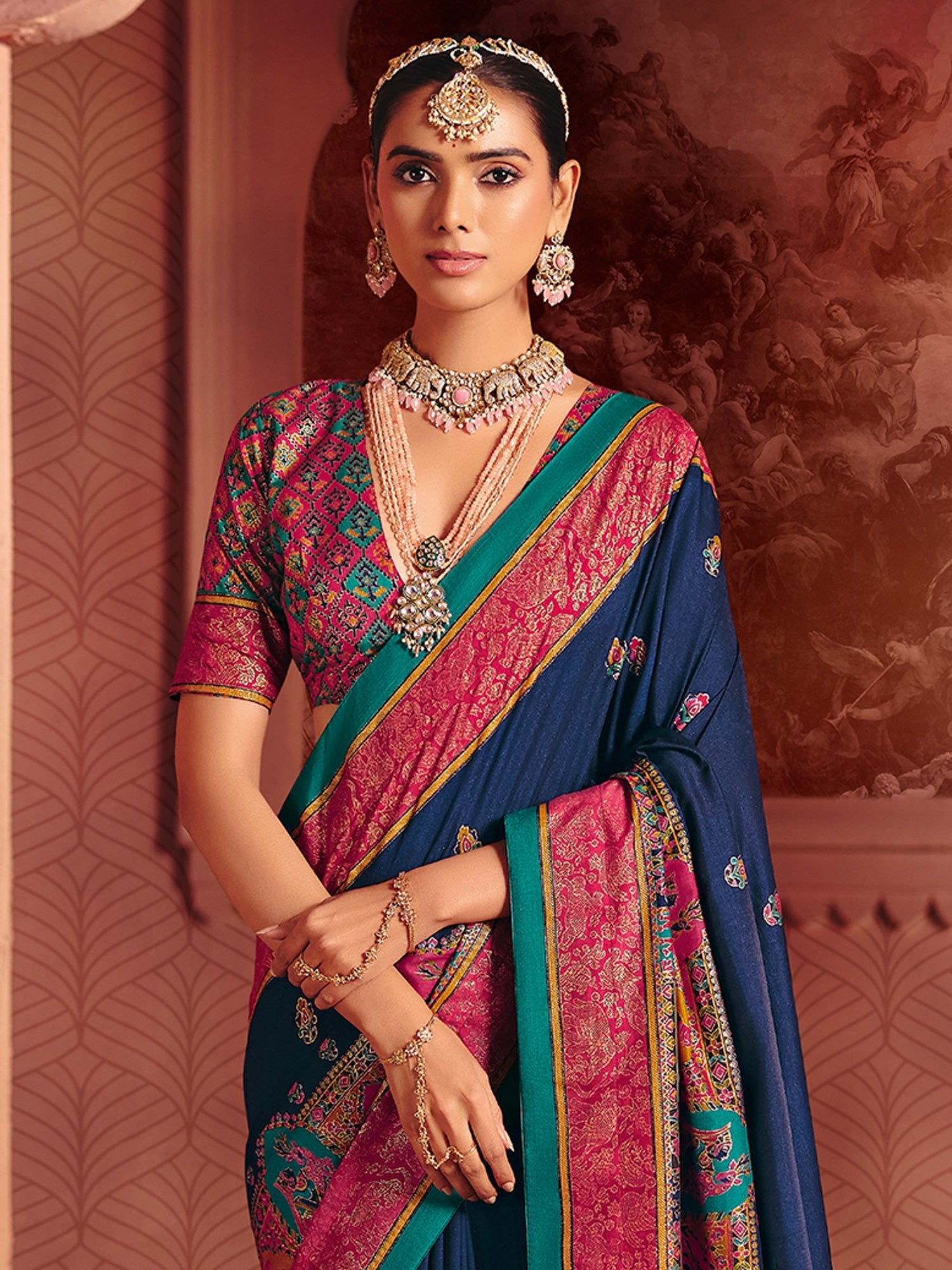 Navy Blue Silk Saree with Pink Patola Border - Ressa