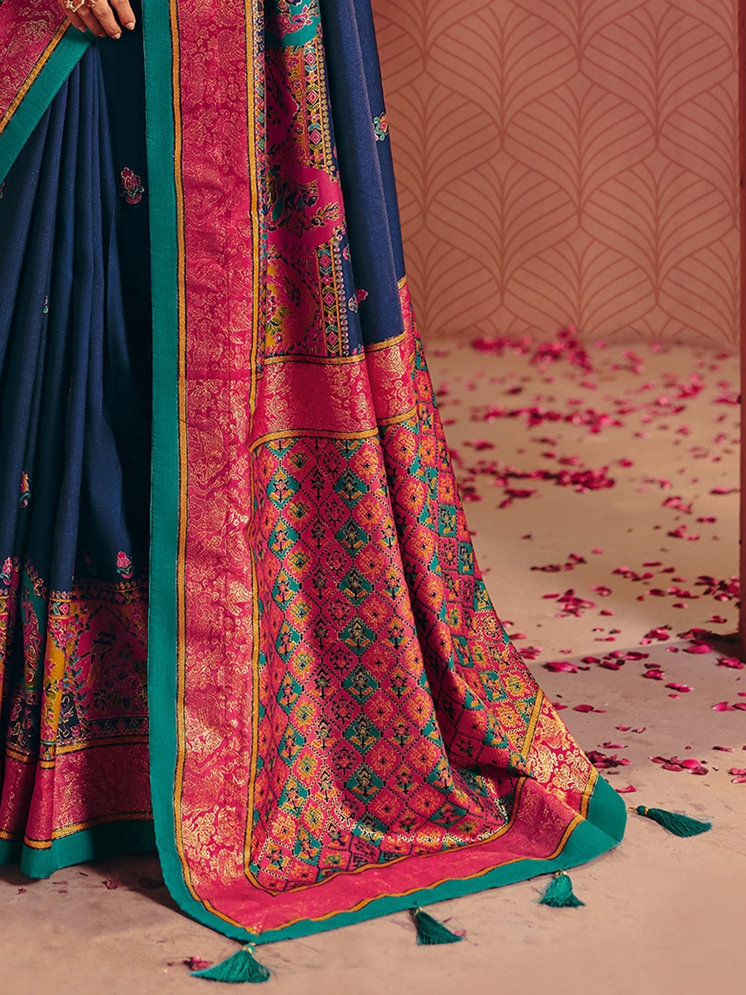 Navy Blue Silk Saree with Pink Patola Border - Ressa