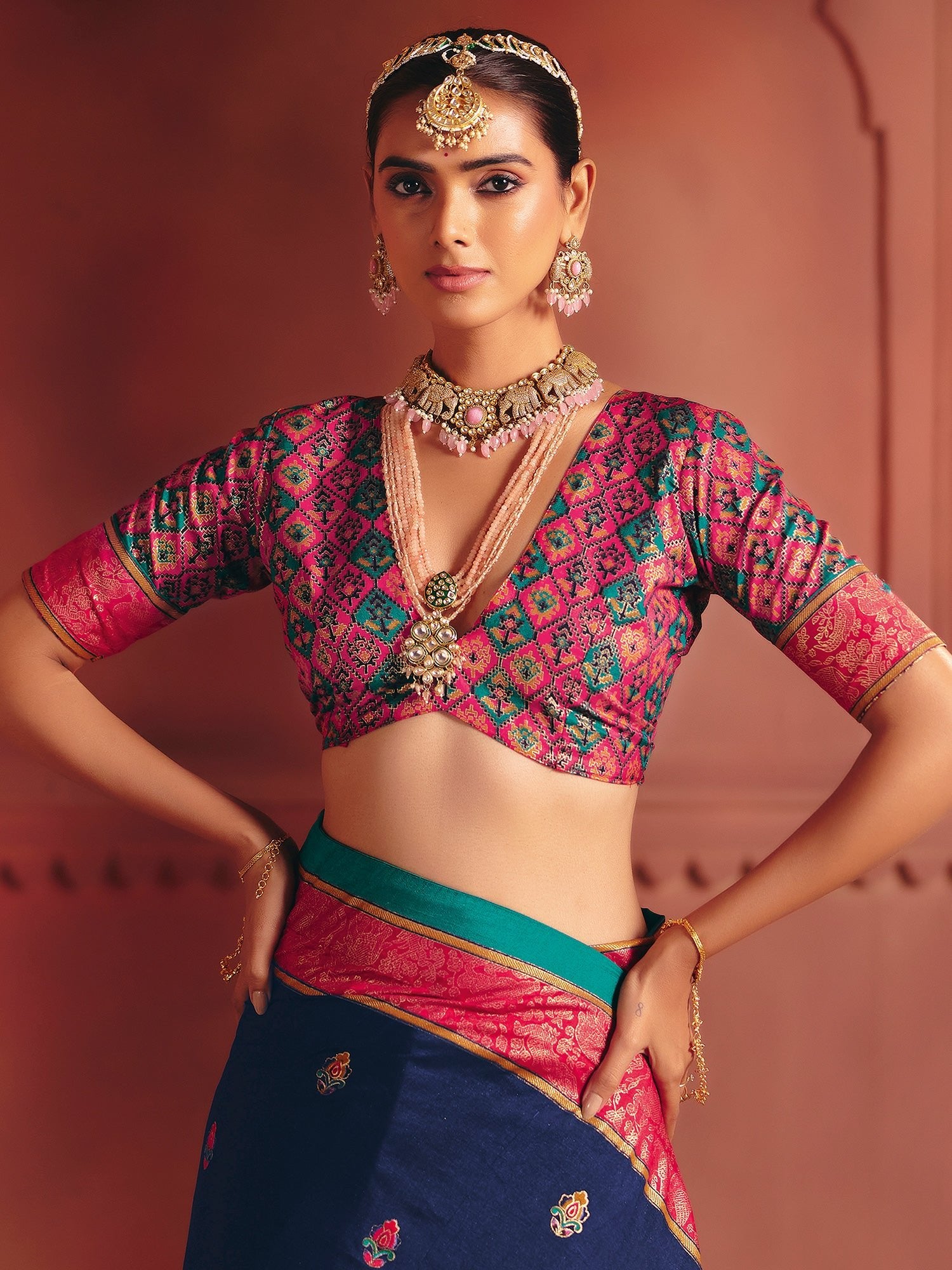 Navy Blue Silk Saree with Pink Patola Border - Ressa
